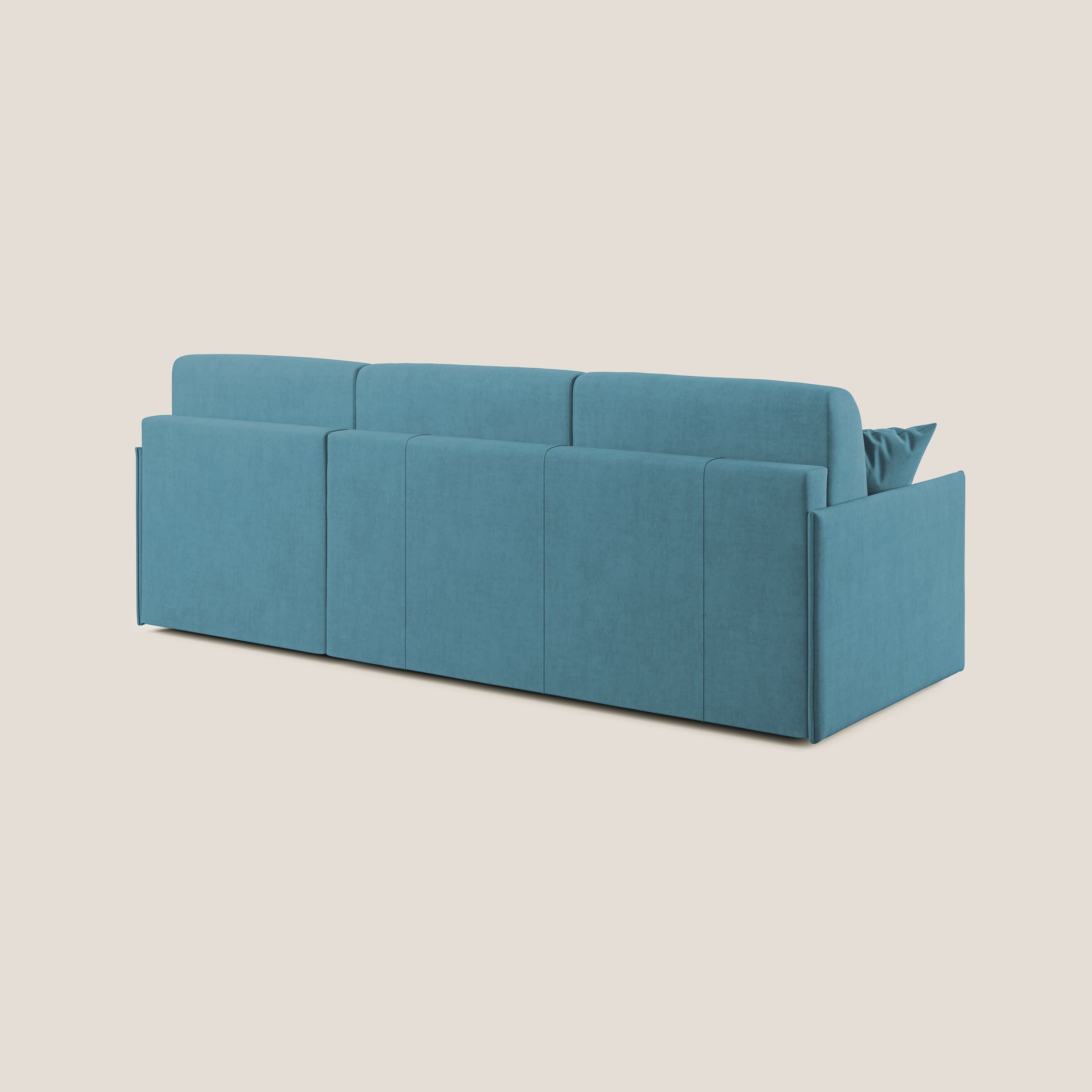 Evans Divano letto angolare con penisola in morbido tessuto impermeabile T02 azzurro - divani.store