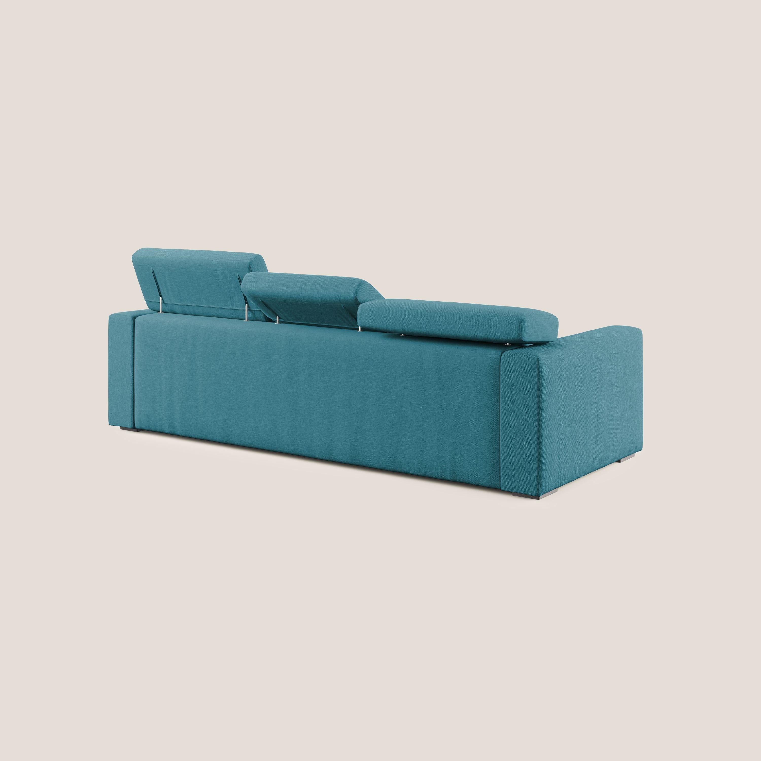 Dylan divano angolare con pouf estraibile poggiapiedi in tessuto simil cotone impermeabile T13 azzurro - divani.store