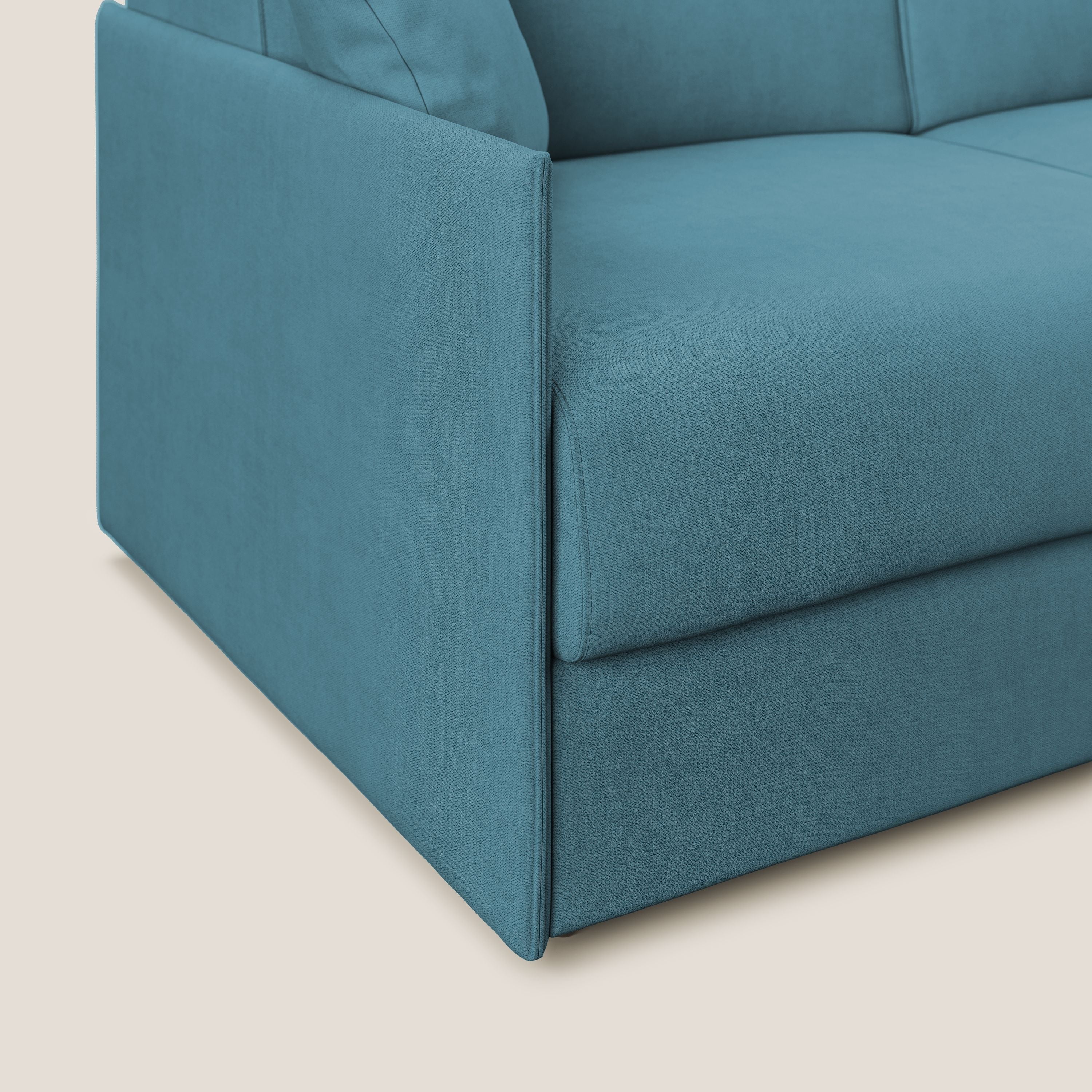 Evans Divano letto angolare con penisola in morbido tessuto impermeabile T02 azzurro - divani.store