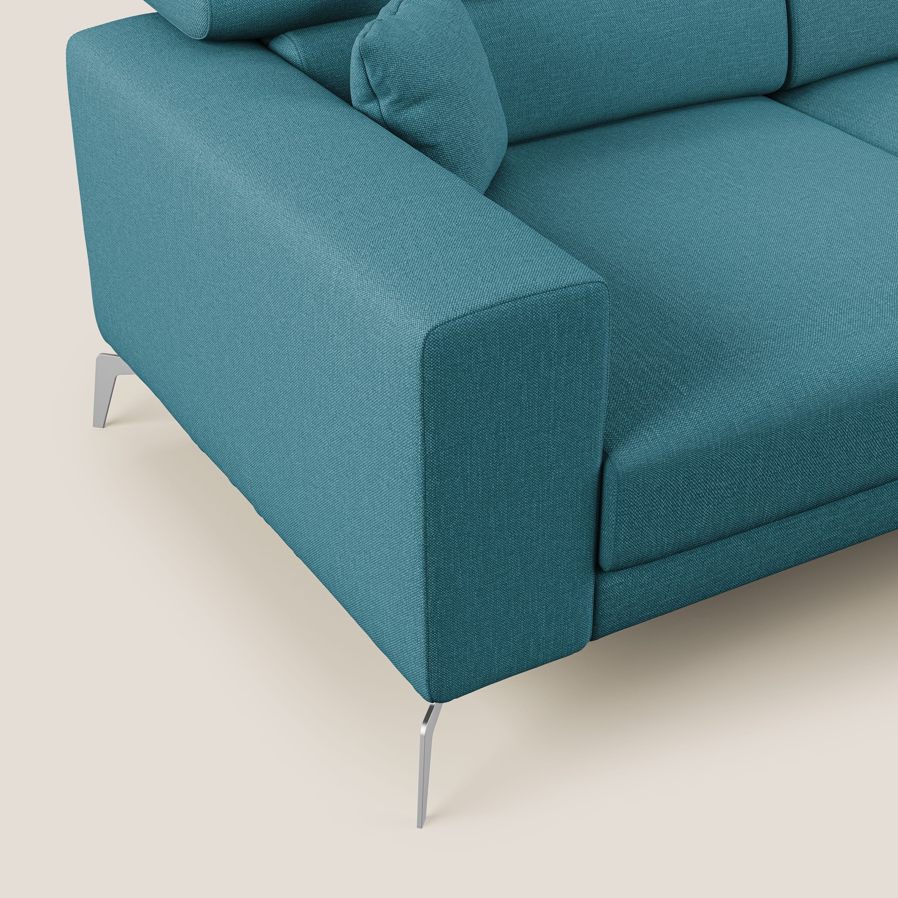 Blade Divano moderno angolare con poggiatesta reclinabili in tessuto impermeabile simil-cotone T13 azzurro - divani.store