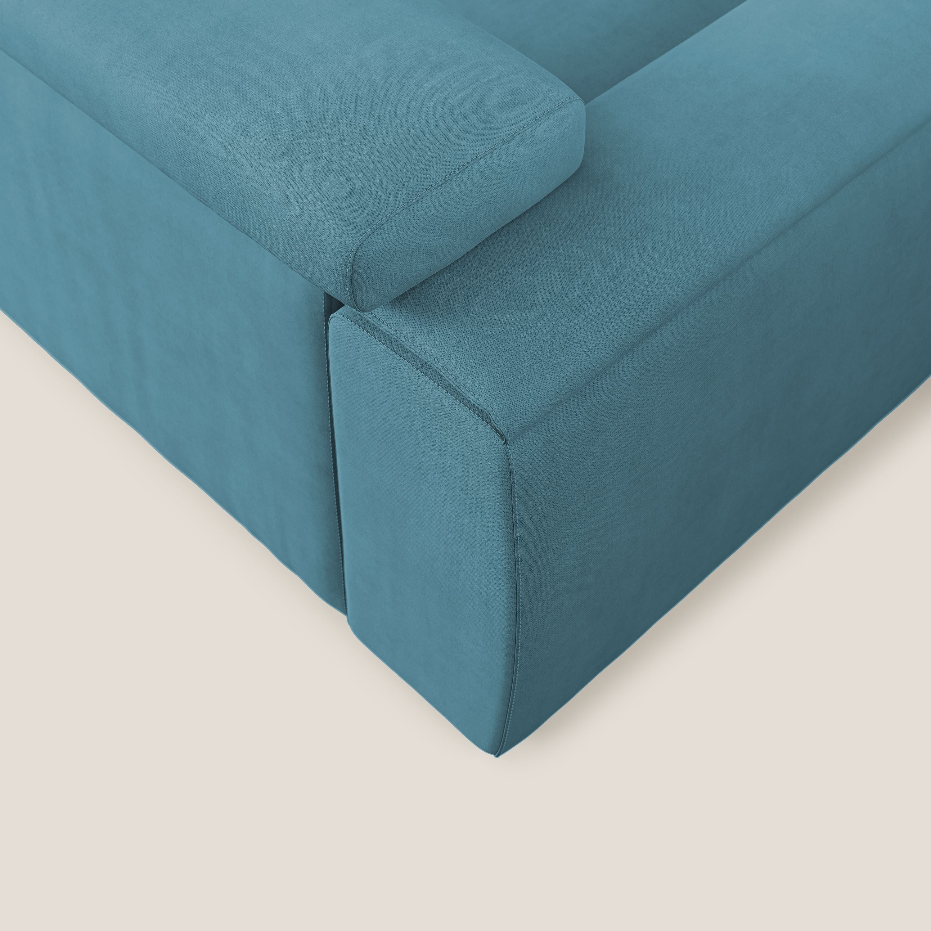 Zeno Divano angolare con pouf estraibile poggiapiedi in tessuto morbido impermeabile T02 azzurro - divani.store