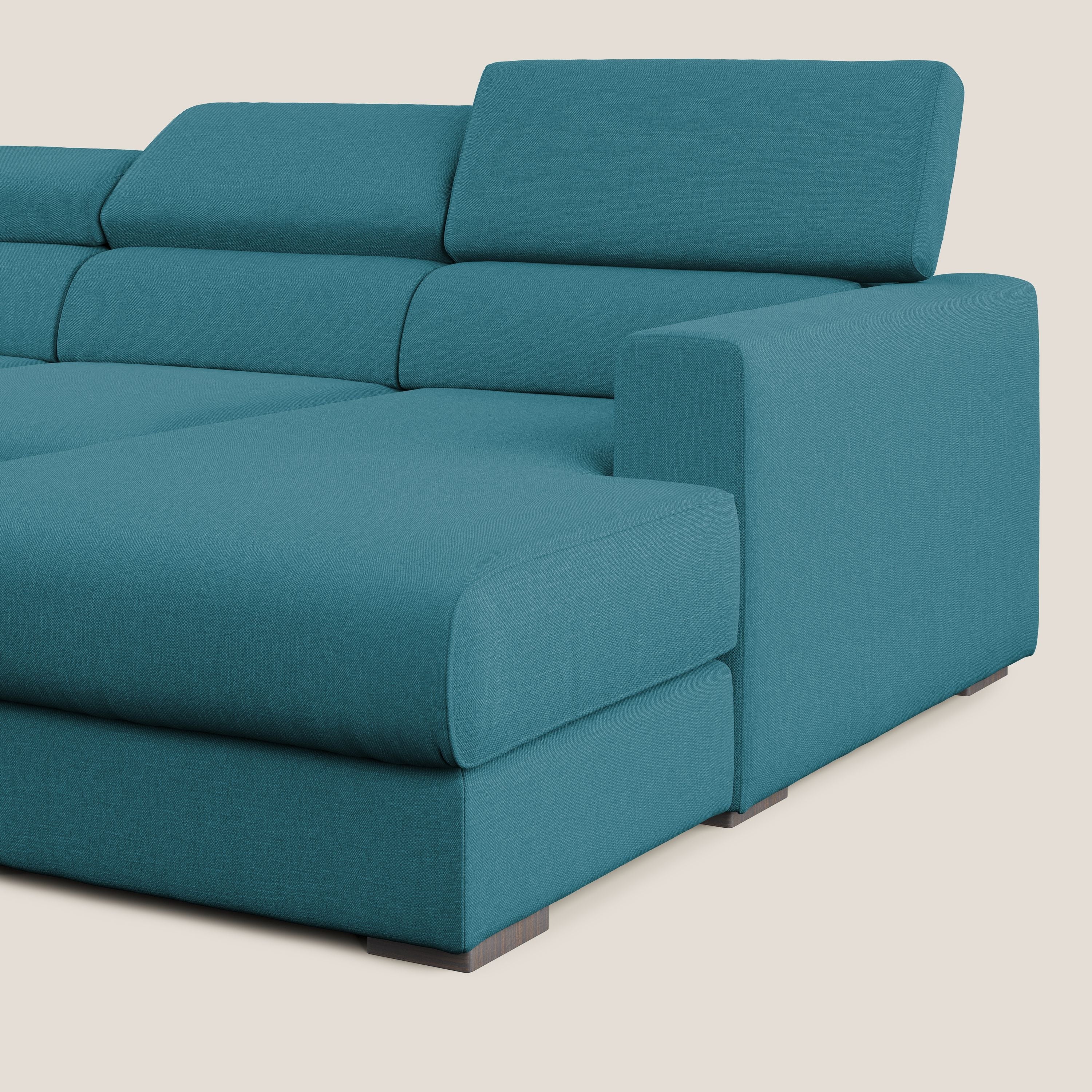 Dylan divano angolare con pouf estraibile poggiapiedi in tessuto simil cotone impermeabile T13 azzurro - divani.store