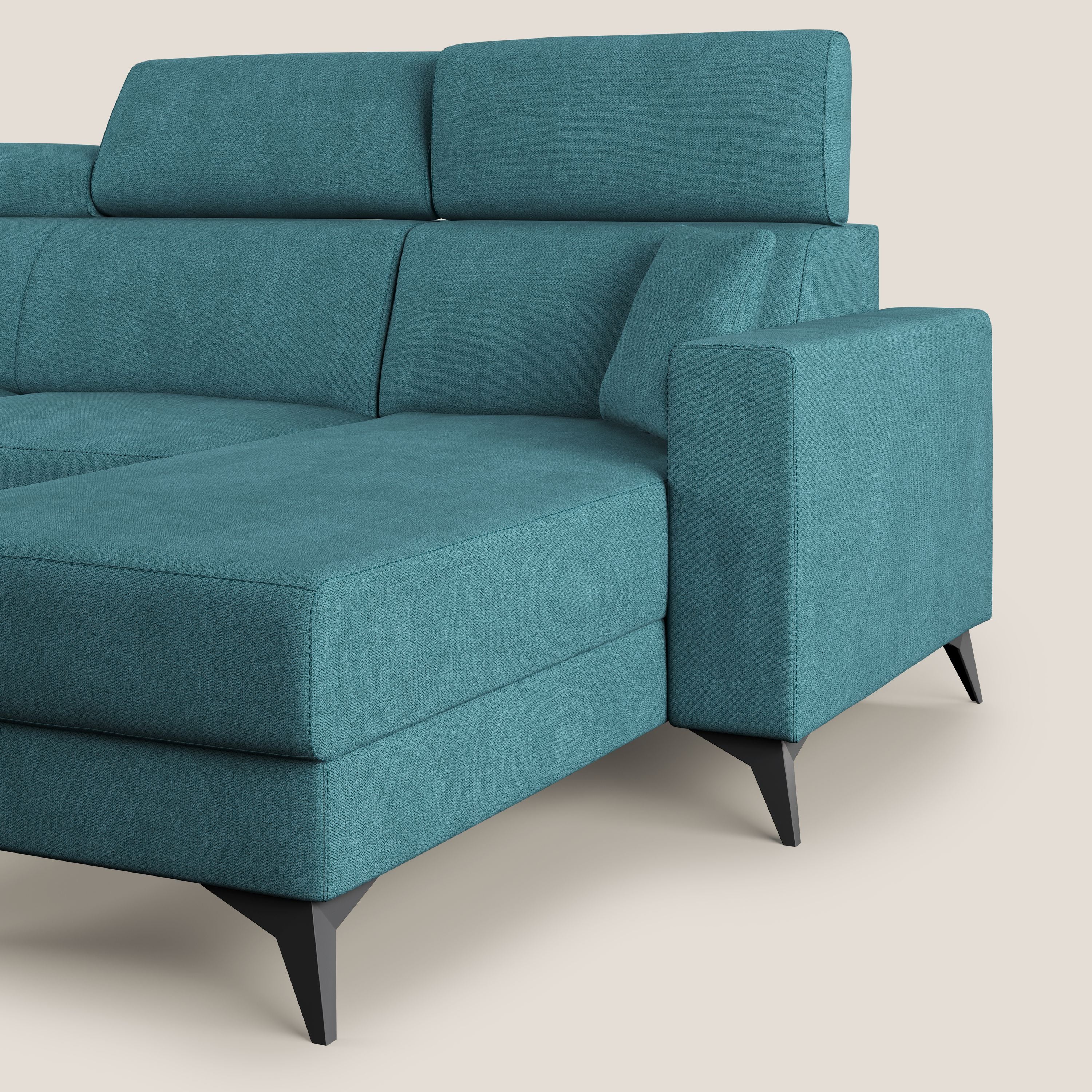 Pegaso divano letto angolare con poggiatesta reclinabili e rivestimento impermeabile T02 azzurro - divani.store