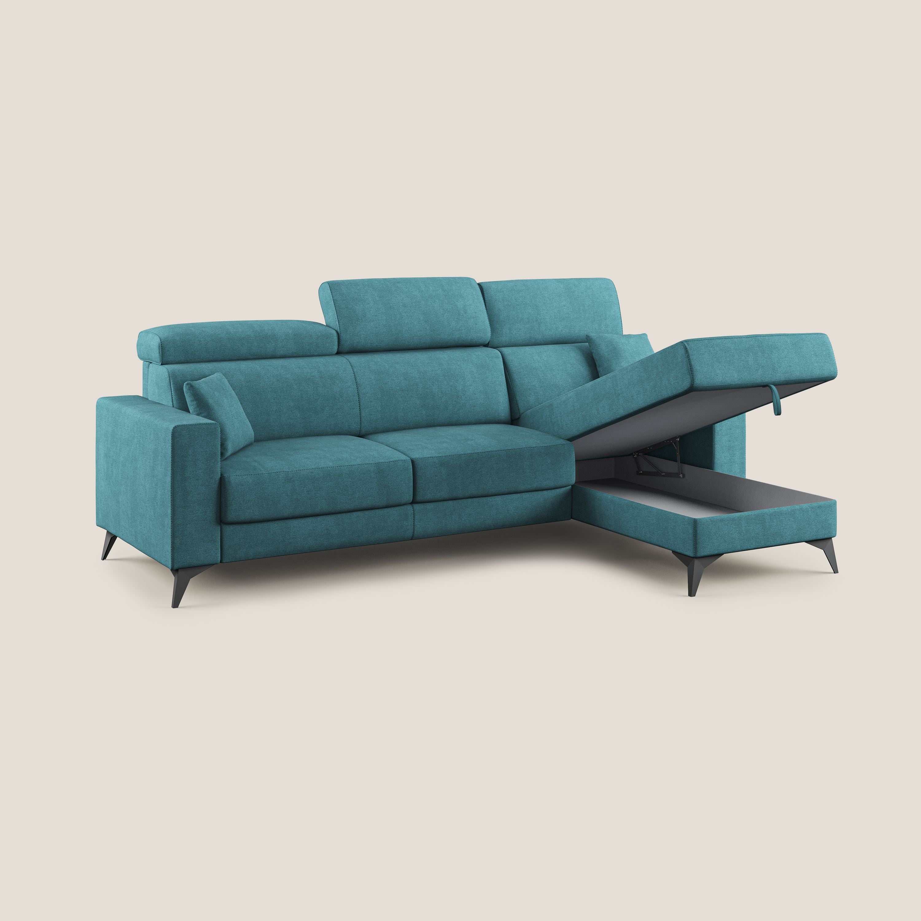 Pegaso divano letto angolare con poggiatesta reclinabili e rivestimento impermeabile T02 azzurro - divani.store