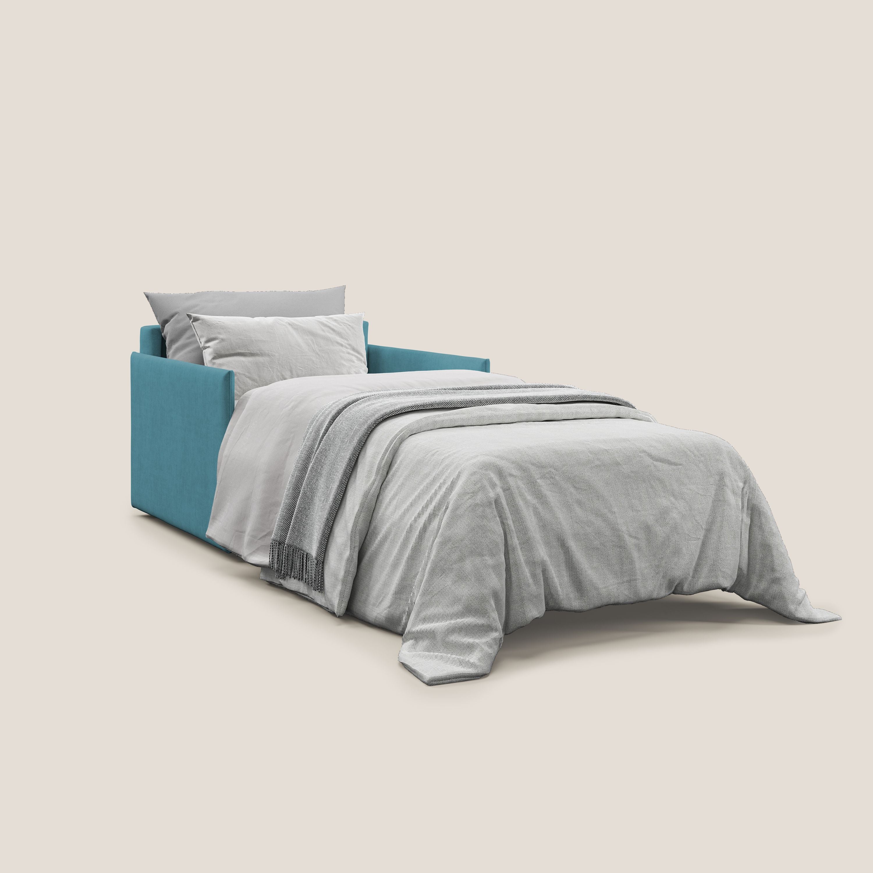 Evans poltrona letto in morbido tessuto impermeabile T02 azzurro - divani.store