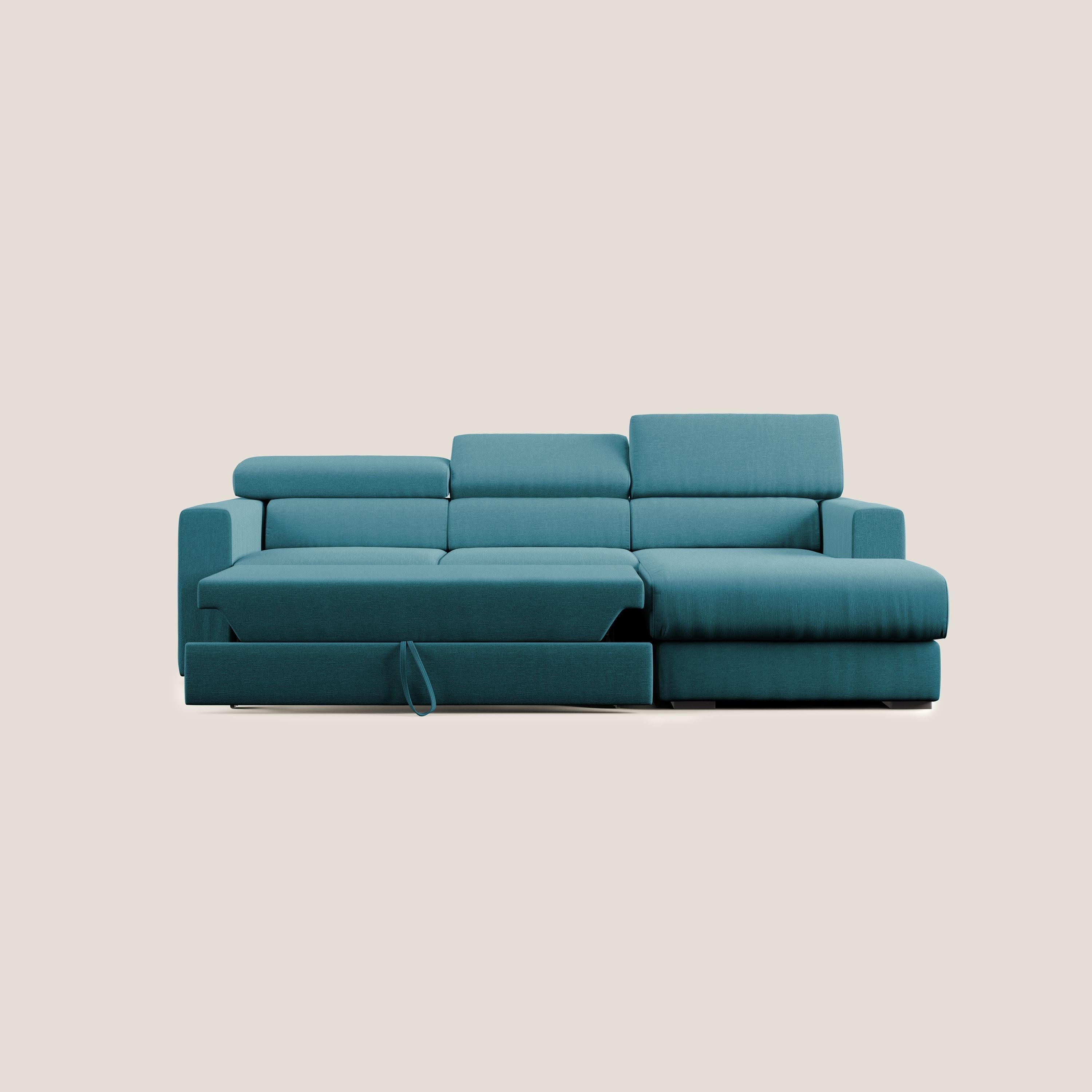 Dylan divano angolare con pouf estraibile poggiapiedi in tessuto simil cotone impermeabile T13 azzurro - divani.store