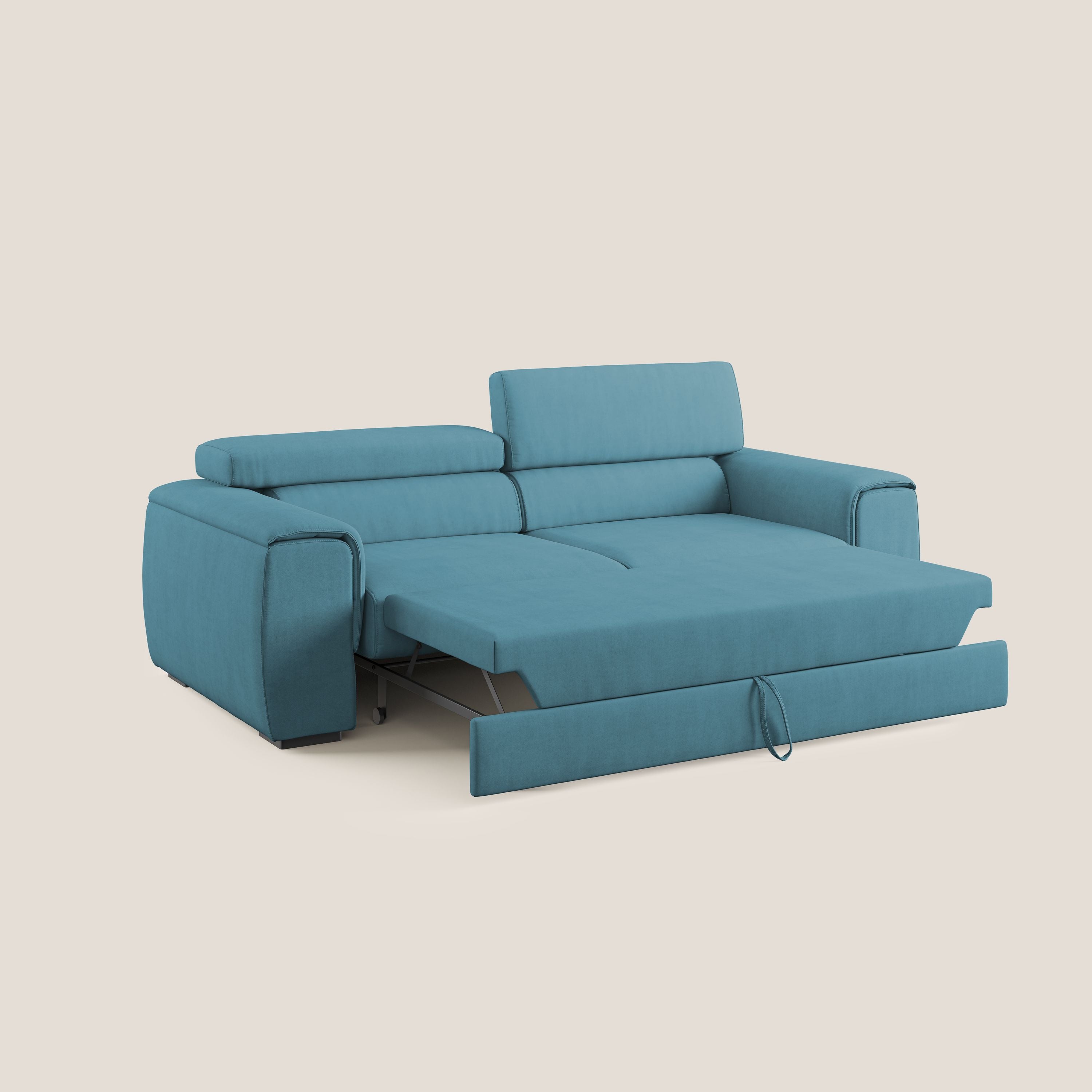 Zeno Divano con pouf estraibile poggiapiedi in tessuto morbido impermeabile T02 azzurro - divani.store