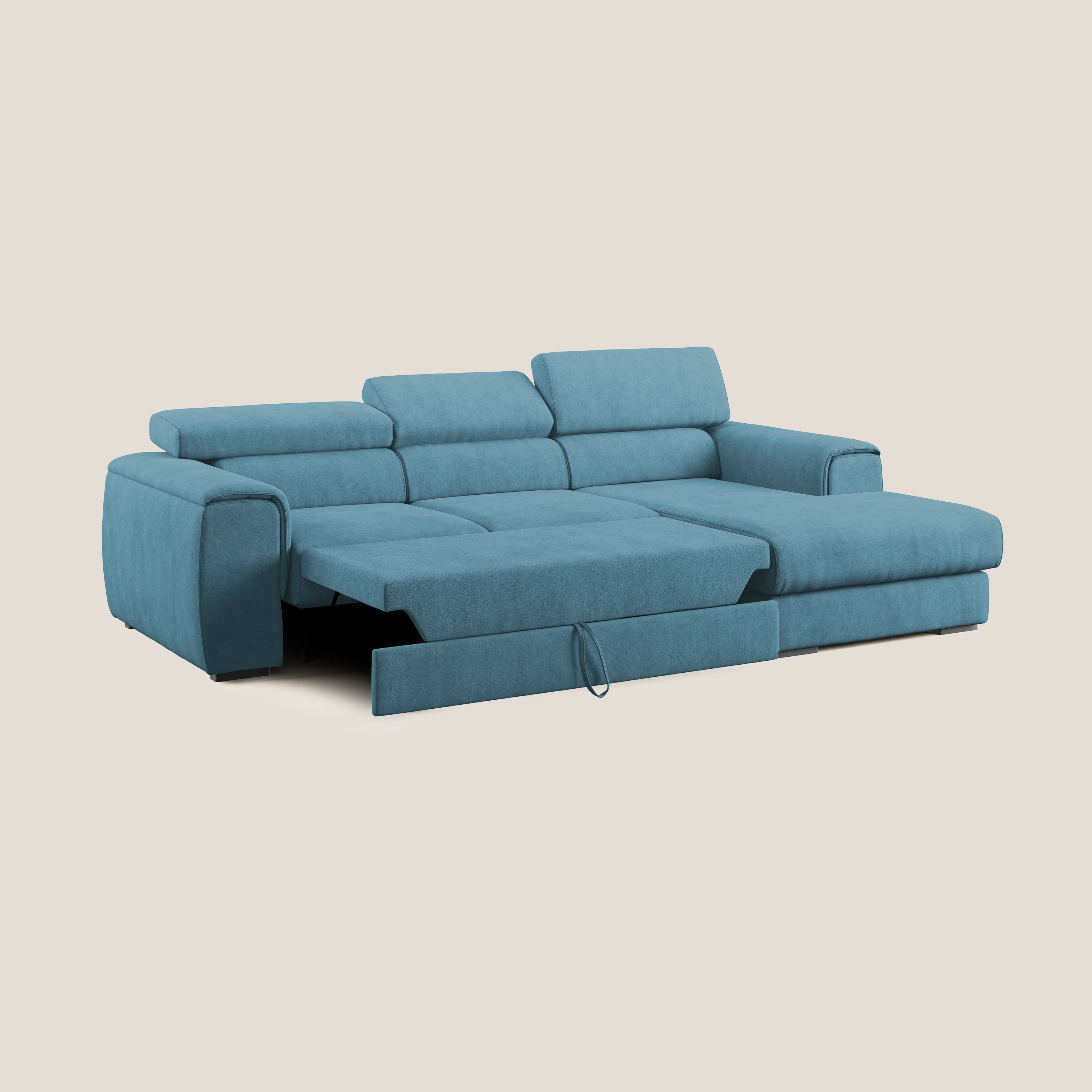 Zeno Divano angolare con pouf estraibile poggiapiedi in tessuto morbido impermeabile T02 azzurro - divani.store