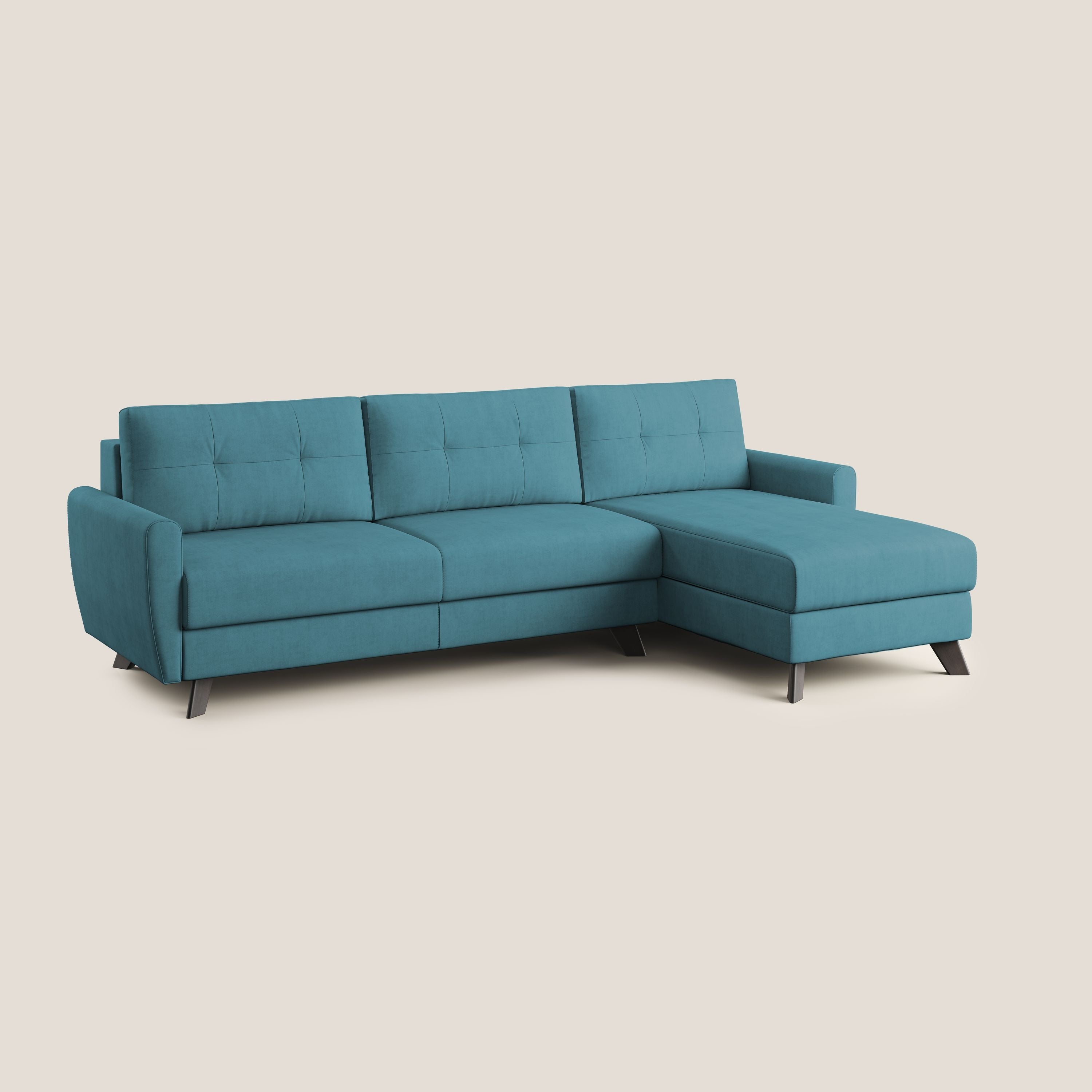 Callisto Divano letto angolare con penisola in tessuto morbido impermeabile T02 azzurro - divani.store