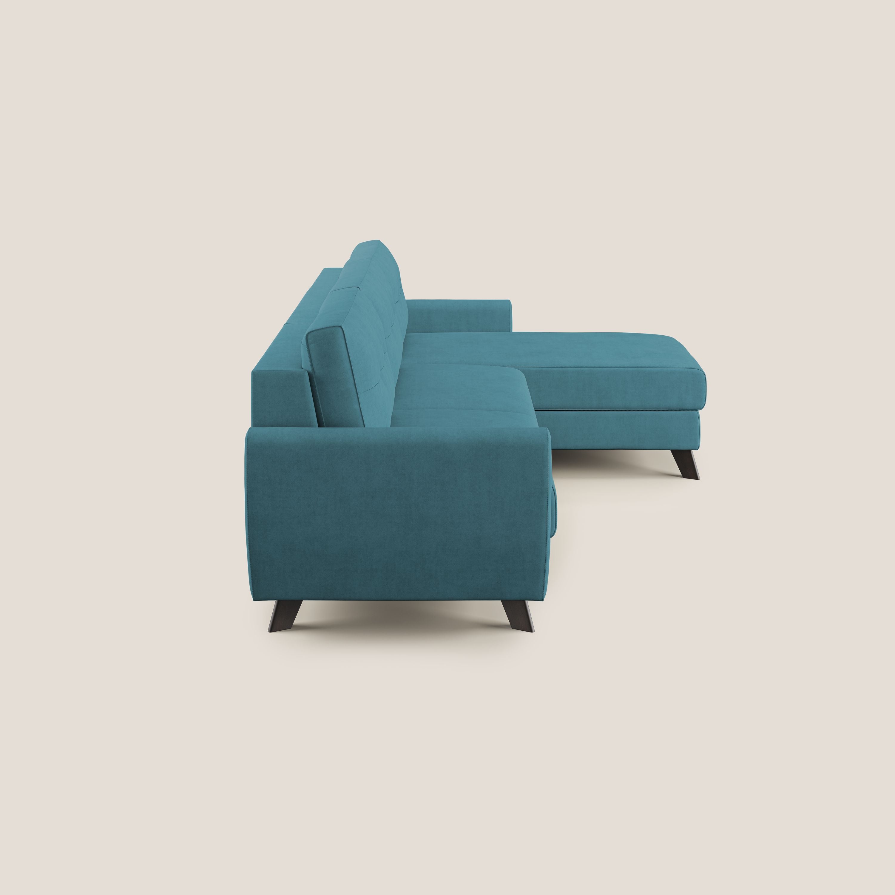 Callisto Divano letto angolare con penisola in tessuto morbido impermeabile T02 azzurro - divani.store