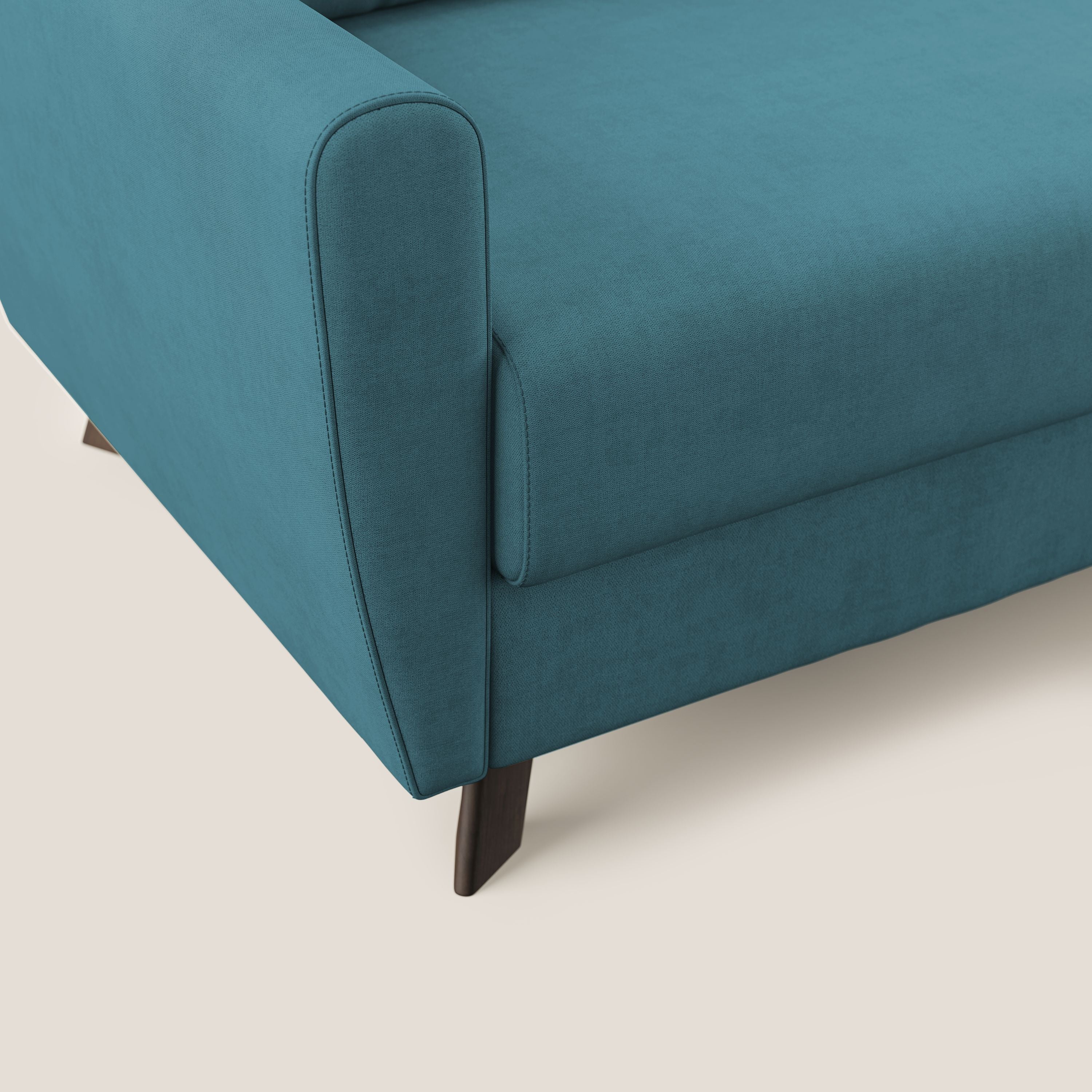 Callisto Divano letto angolare con penisola in tessuto morbido impermeabile T02 azzurro - divani.store