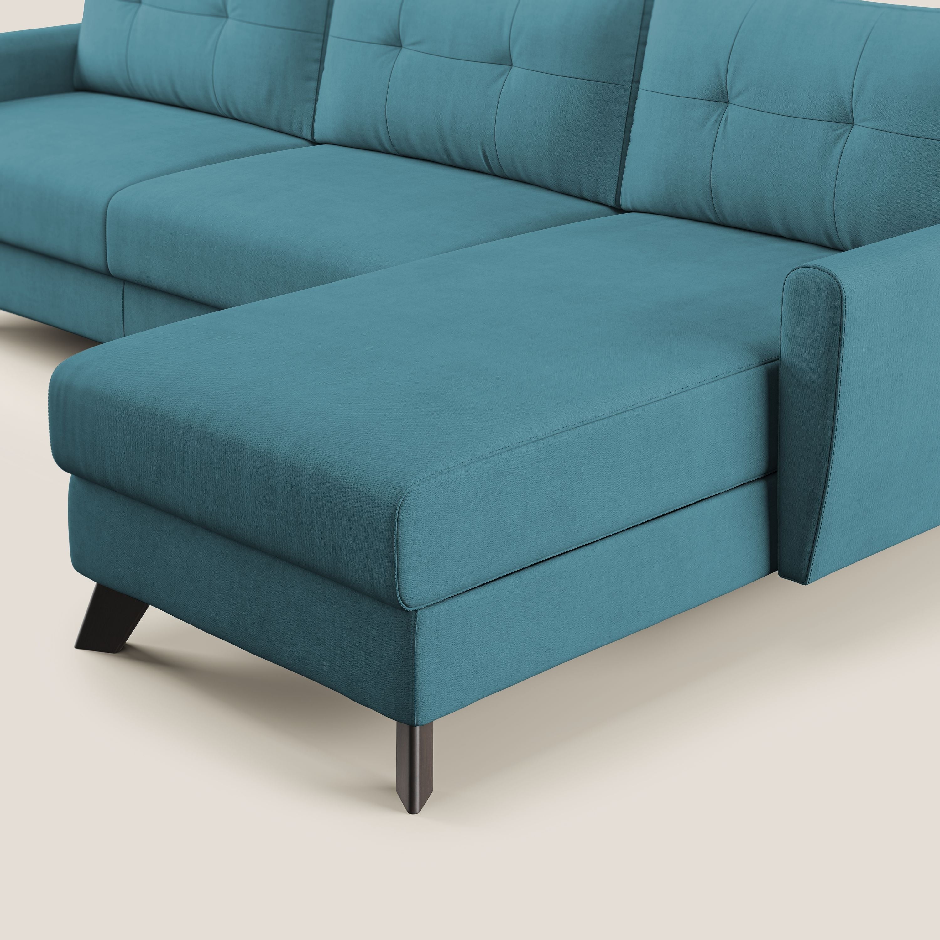 Callisto Divano letto angolare con penisola in tessuto morbido impermeabile T02 azzurro - divani.store