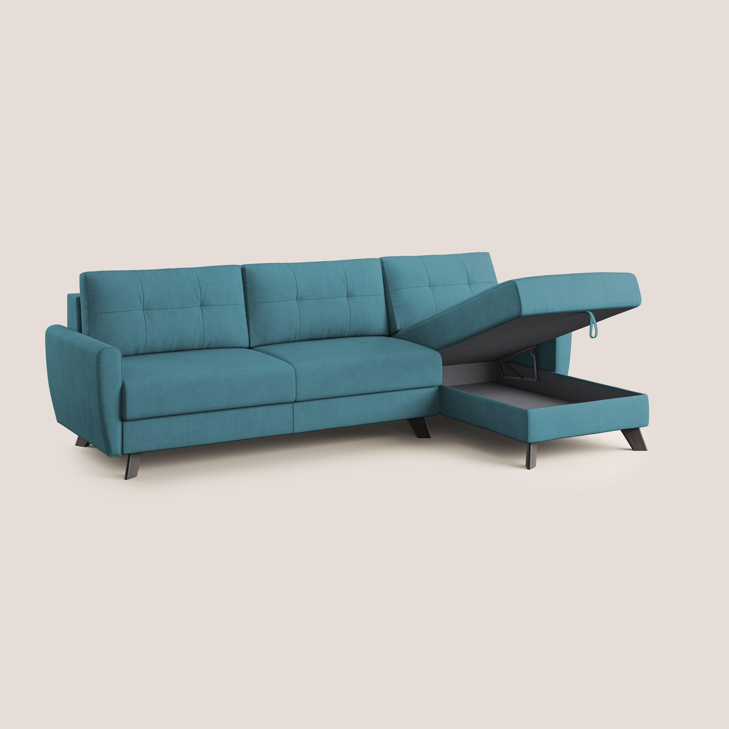 Callisto Divano letto angolare con penisola in tessuto morbido impermeabile T02 azzurro - divani.store