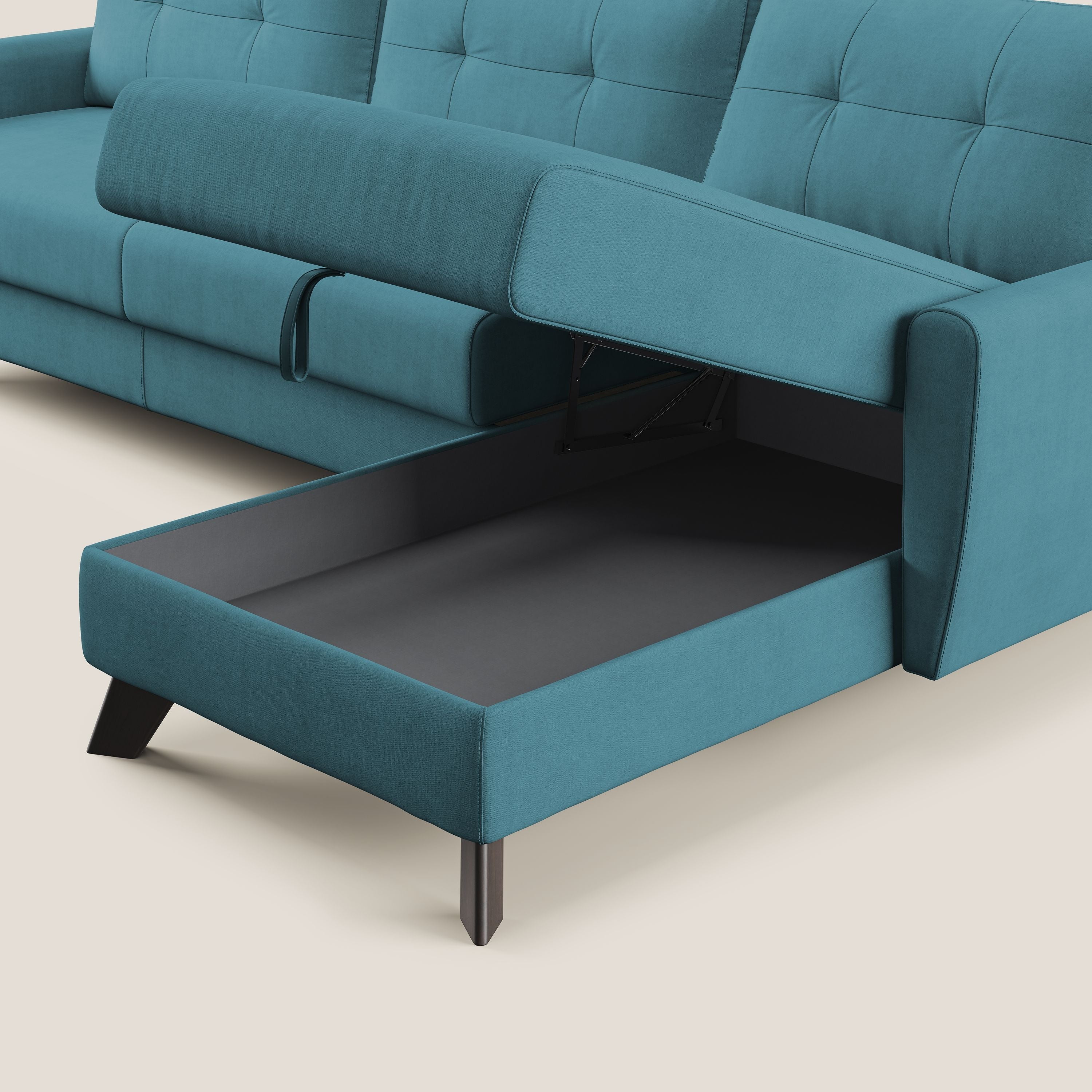 Callisto Divano letto angolare con penisola in tessuto morbido impermeabile T02 azzurro - divani.store