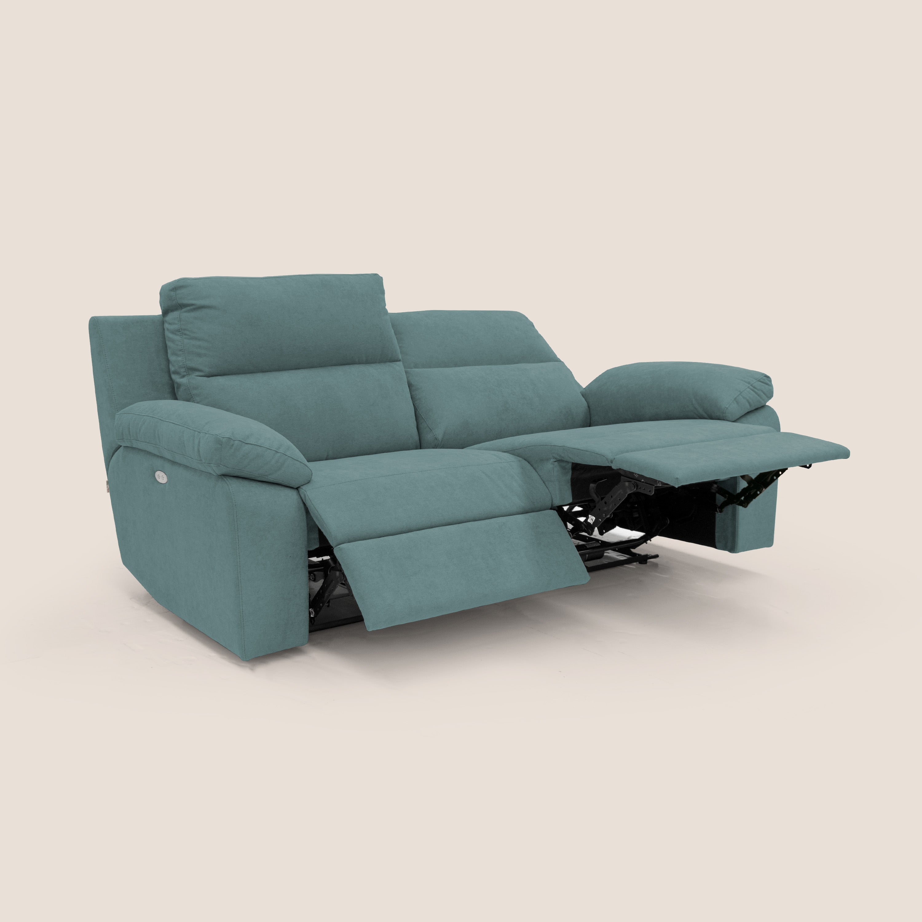 Romeo Divano relax con recliner elettrico in morbido tessuto impermeabile T02 petrolio - divani.store