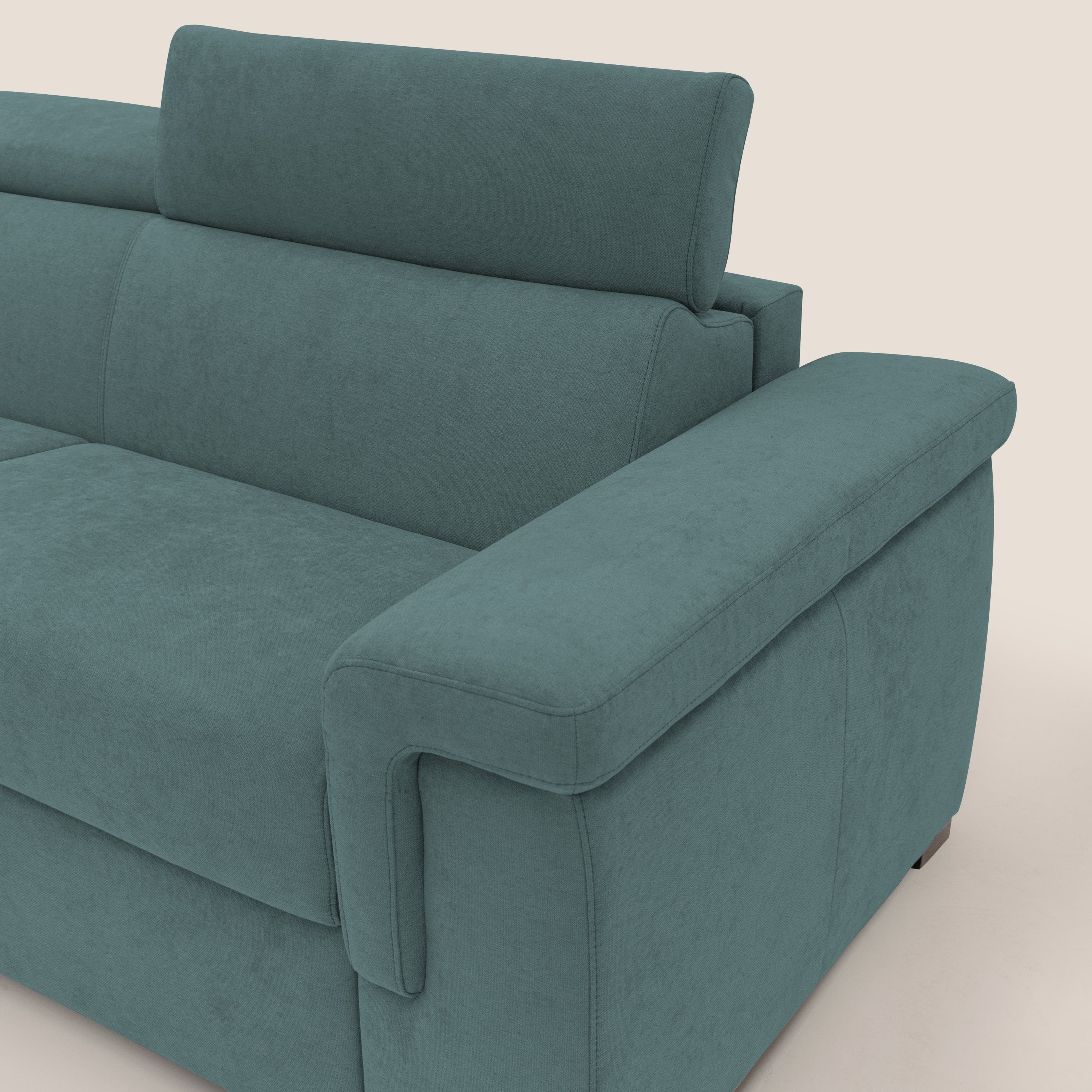 Giunone divano letto con materasso alto 18 cm e poggiatesta reclinabili in tessuto impermeabile T02 petrolio - divani.store