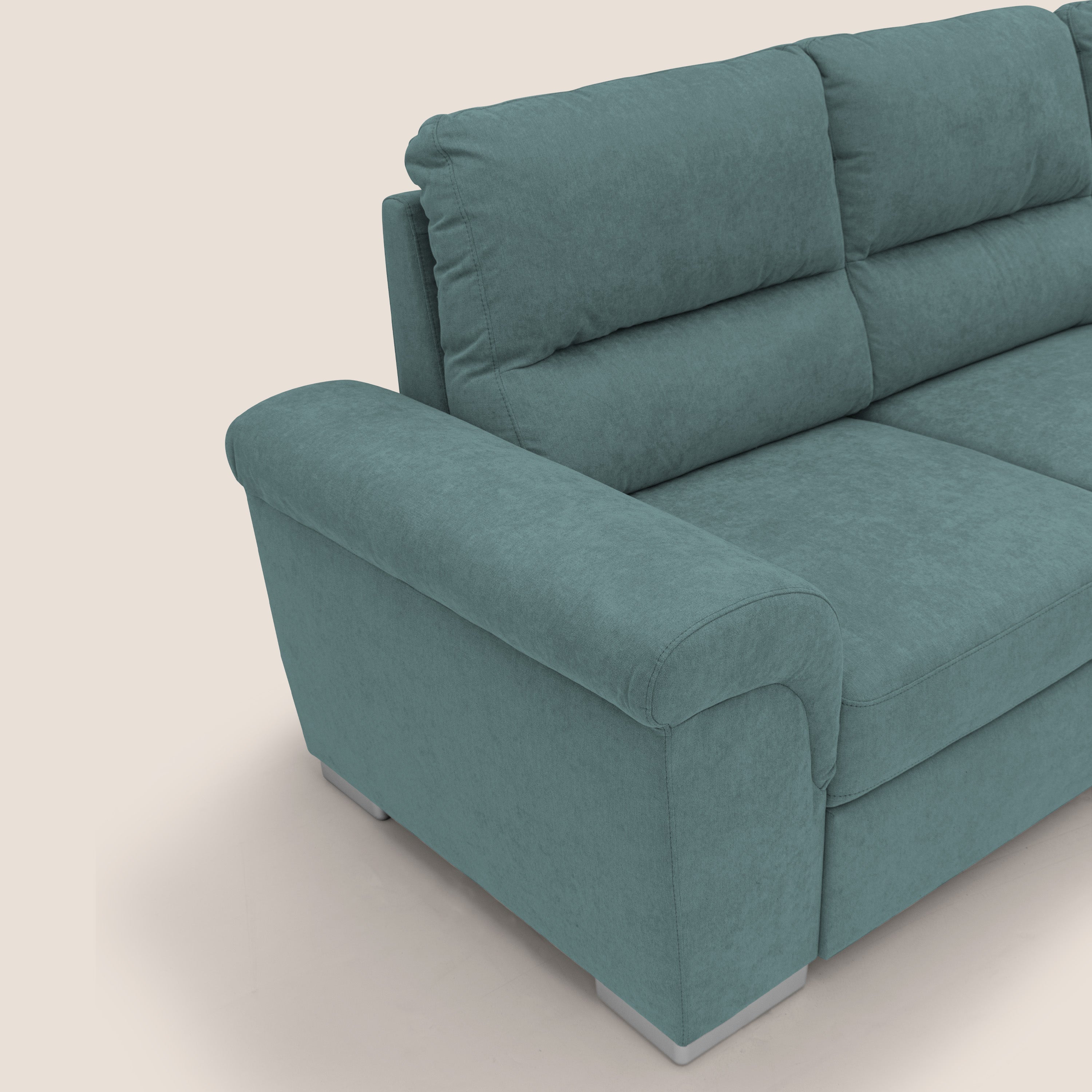 Minerva divano angolare con estraibile a cassettone e pouf contenitore in tessuto morbido impermeabile T02 petrolio - divani.store