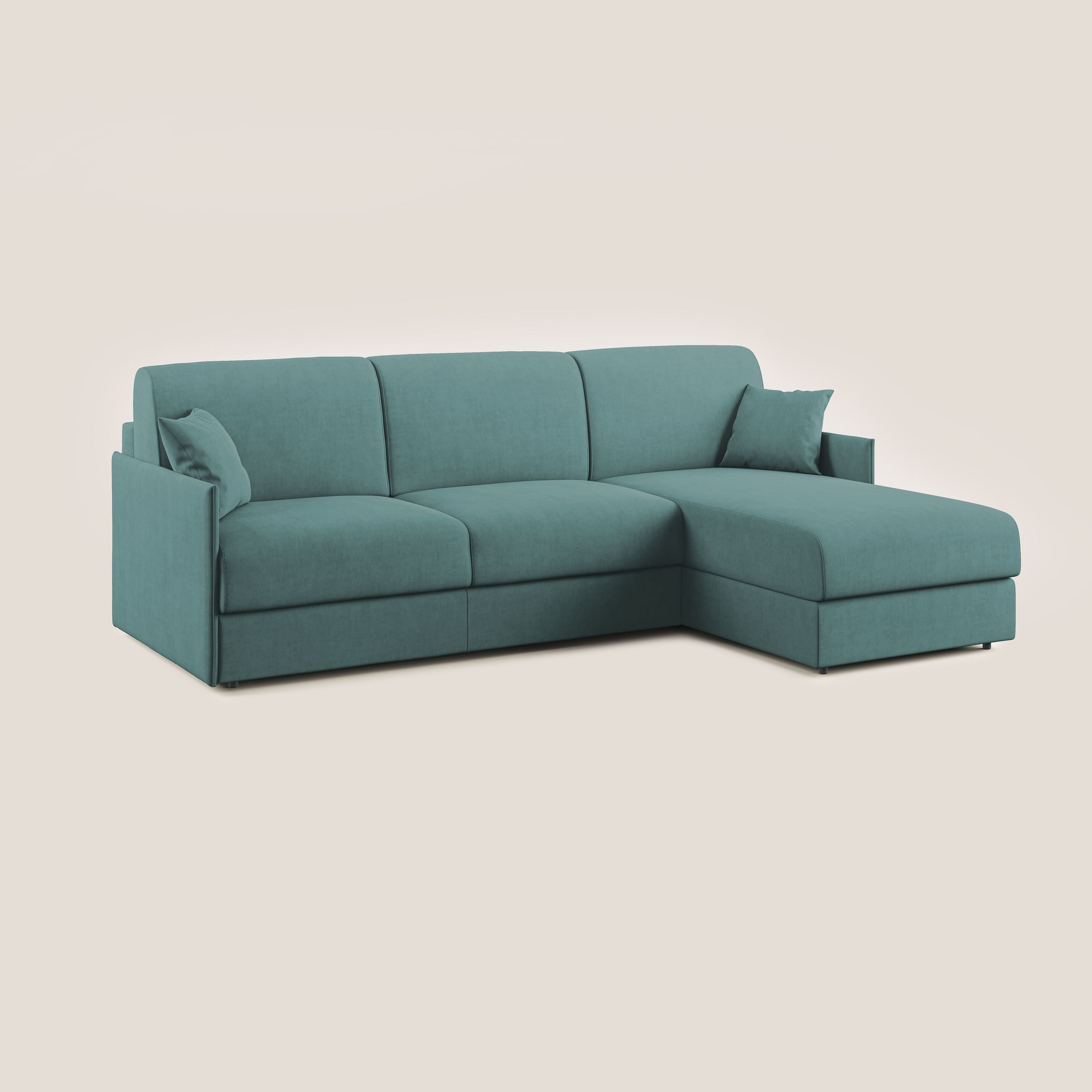 Evans Divano letto angolare con penisola in morbido tessuto impermeabile T02 petrolio - divani.store