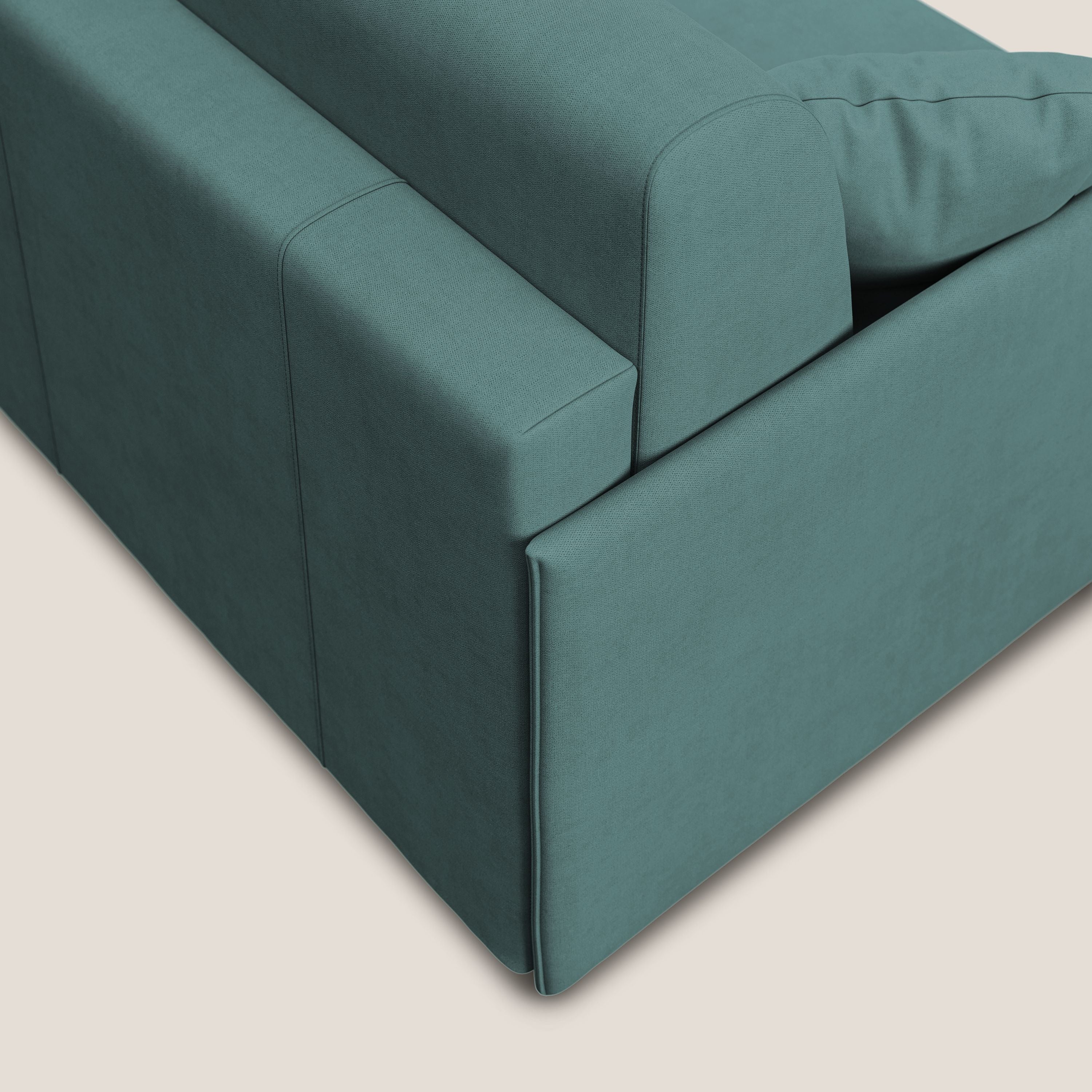 Evans Divano letto angolare con penisola in morbido tessuto impermeabile T02 petrolio - divani.store