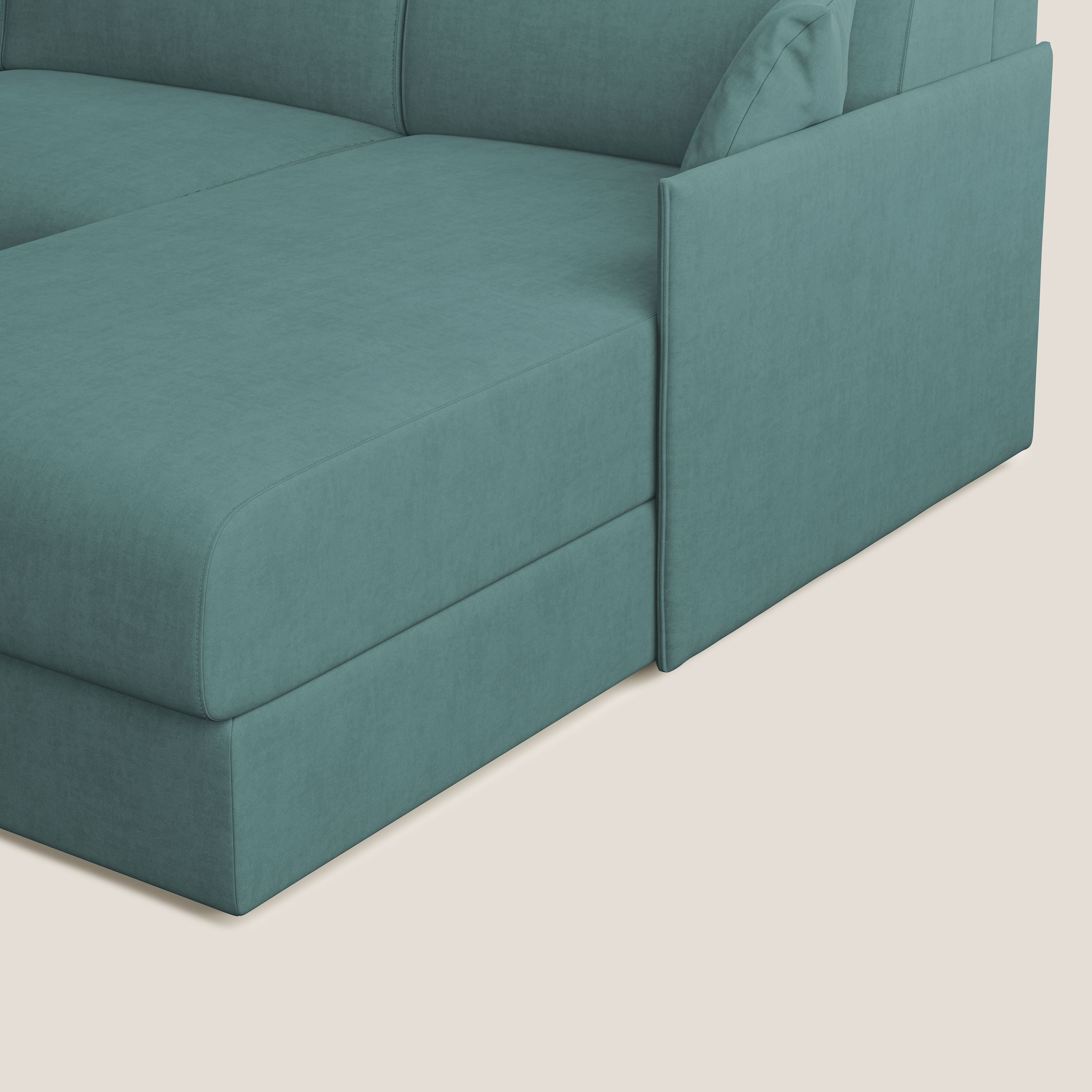 Evans Divano letto angolare con penisola in morbido tessuto impermeabile T02 petrolio - divani.store