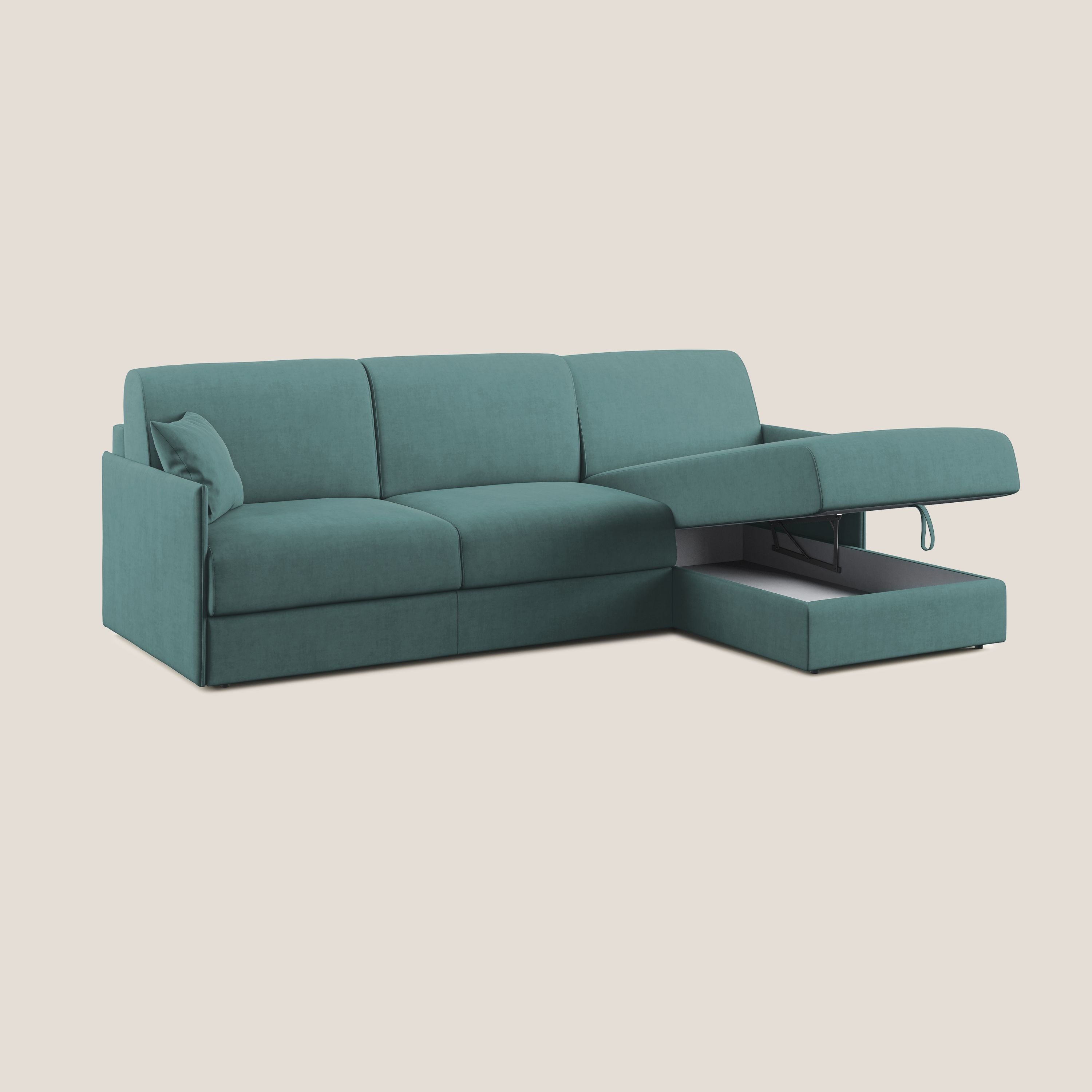 Evans Divano letto angolare con penisola in morbido tessuto impermeabile T02 petrolio - divani.store