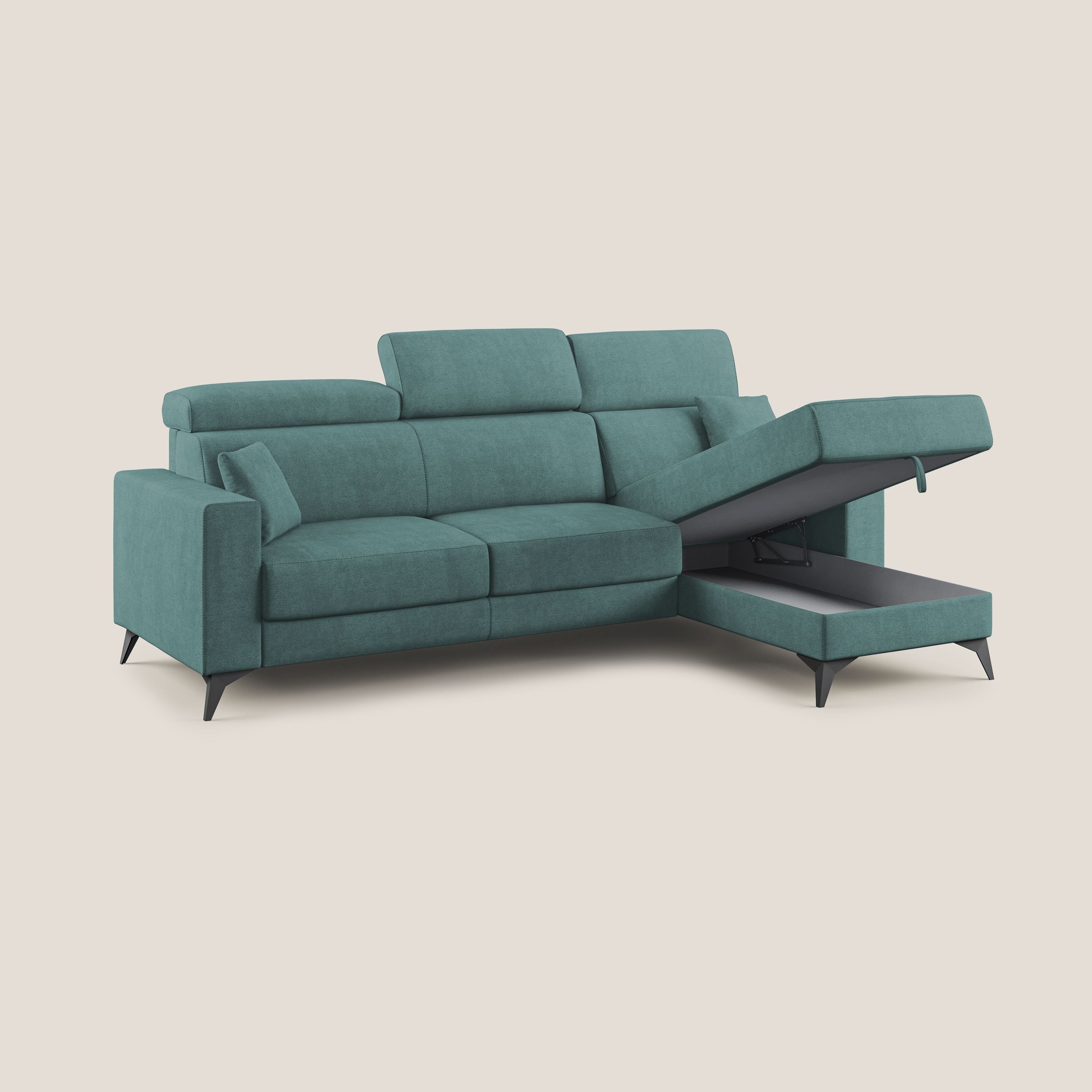 Pegaso divano letto angolare con poggiatesta reclinabili e rivestimento impermeabile T02 petrolio - divani.store