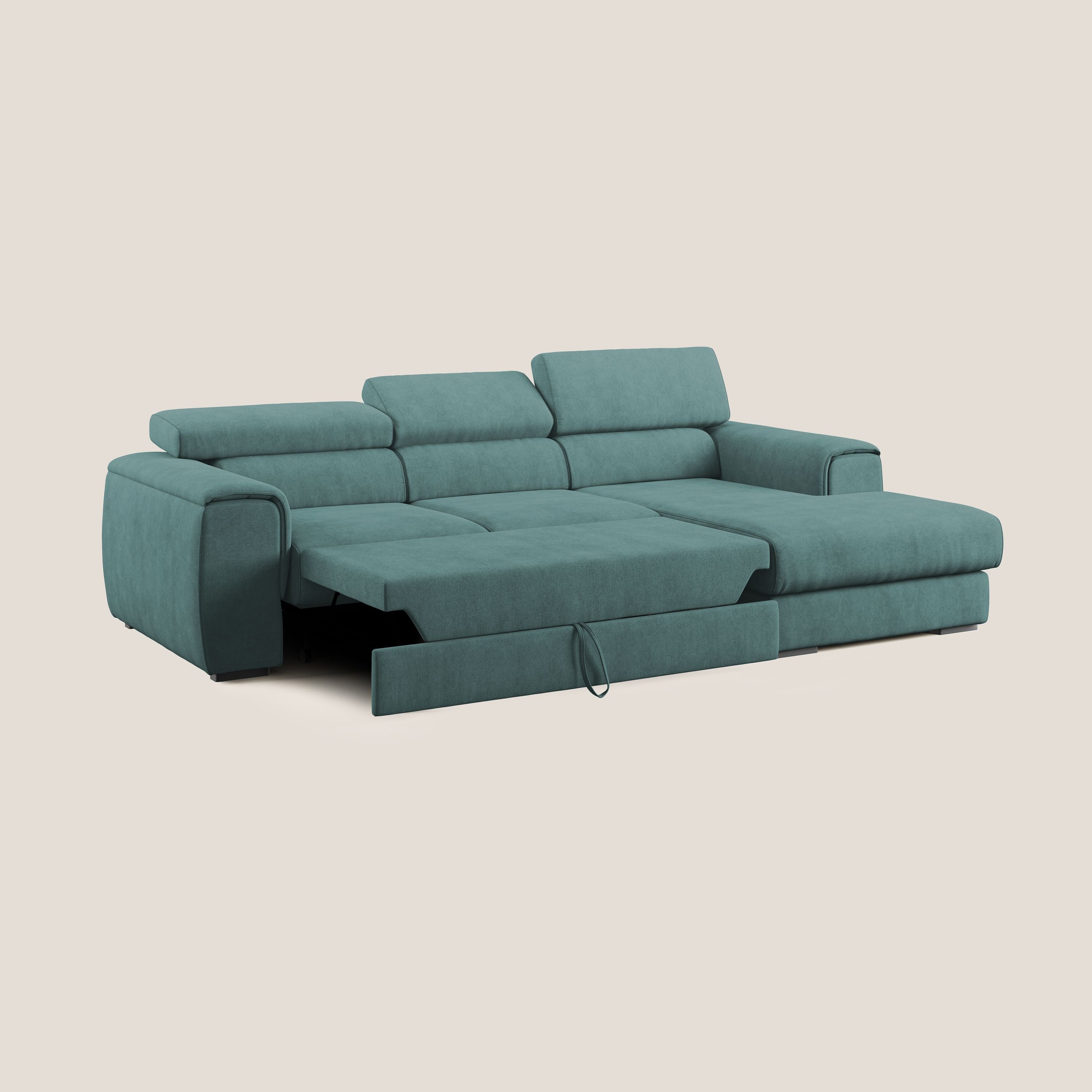 Zeno Divano angolare con pouf estraibile poggiapiedi in tessuto morbido impermeabile T02 petrolio - divani.store