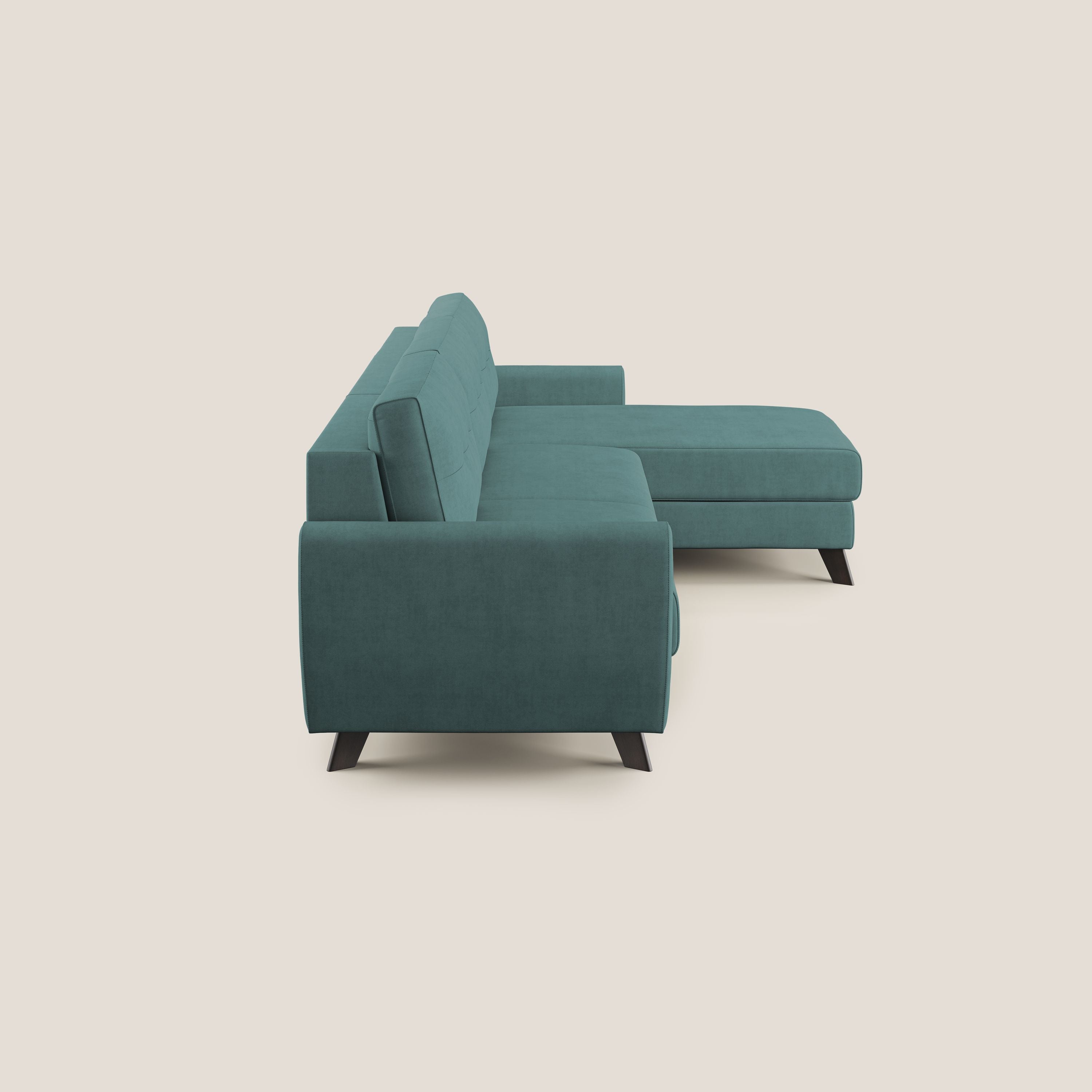 Callisto Divano letto angolare con penisola in tessuto morbido impermeabile T02 petrolio - divani.store