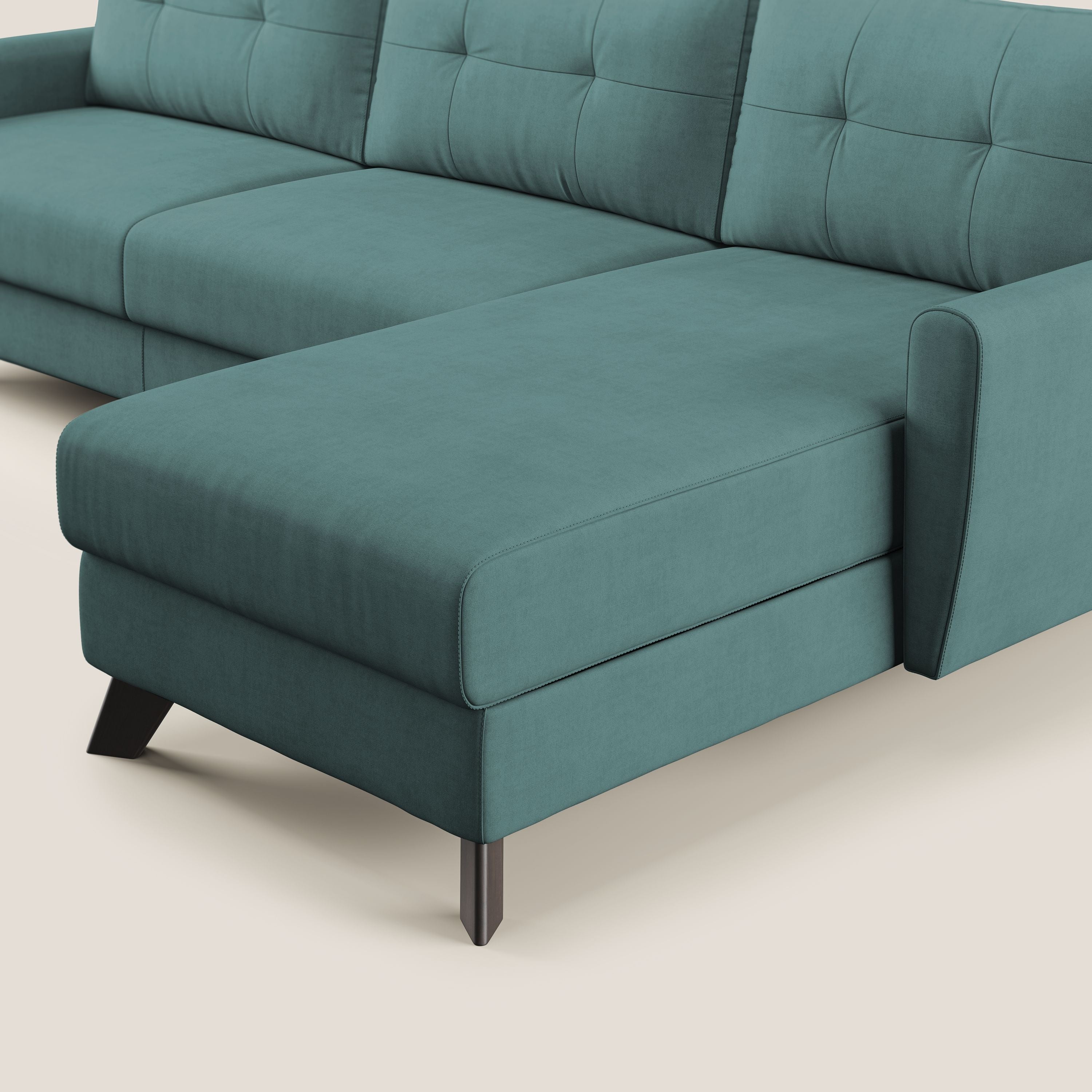 Callisto Divano letto angolare con penisola in tessuto morbido impermeabile T02 petrolio - divani.store