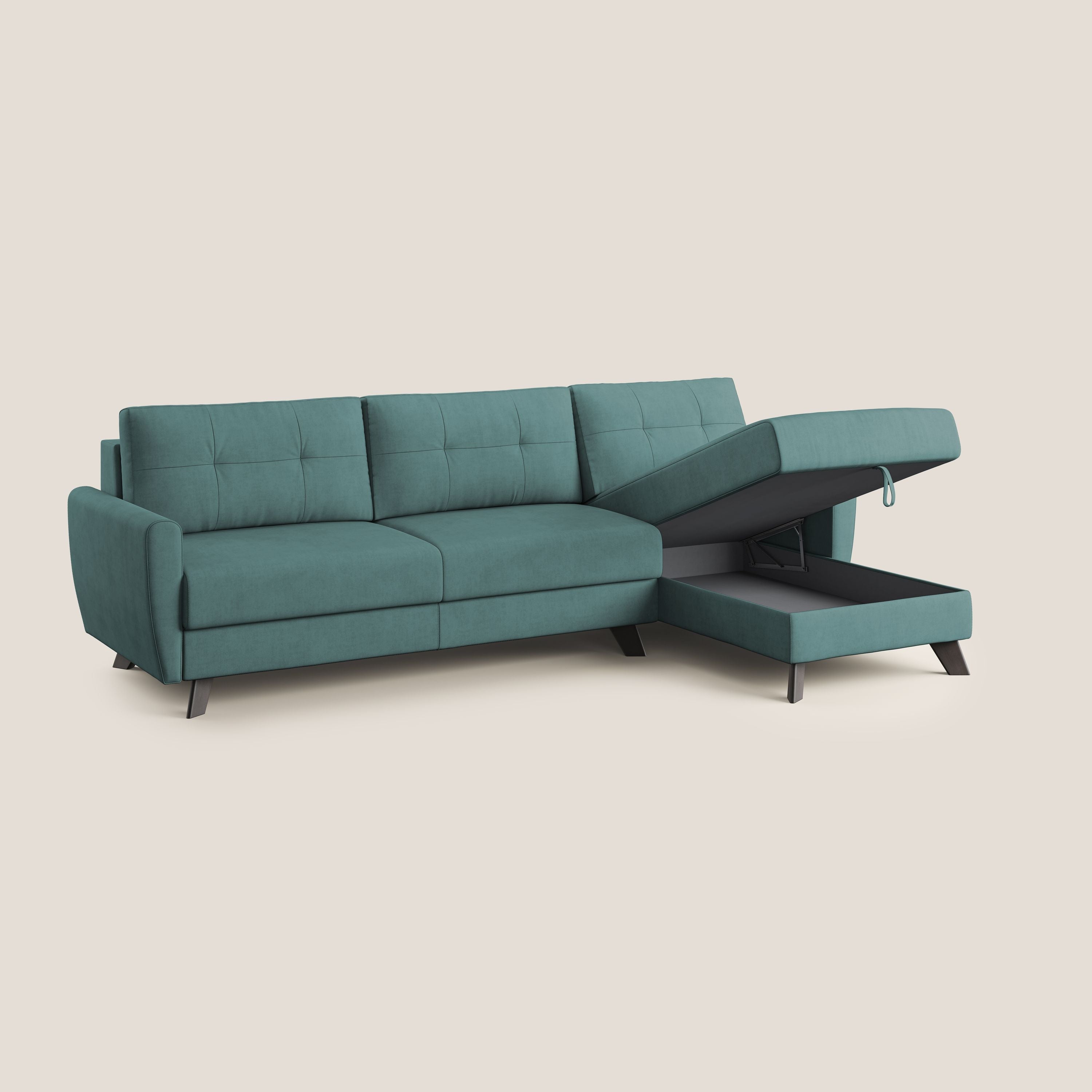 Callisto Divano letto angolare con penisola in tessuto morbido impermeabile T02 petrolio - divani.store