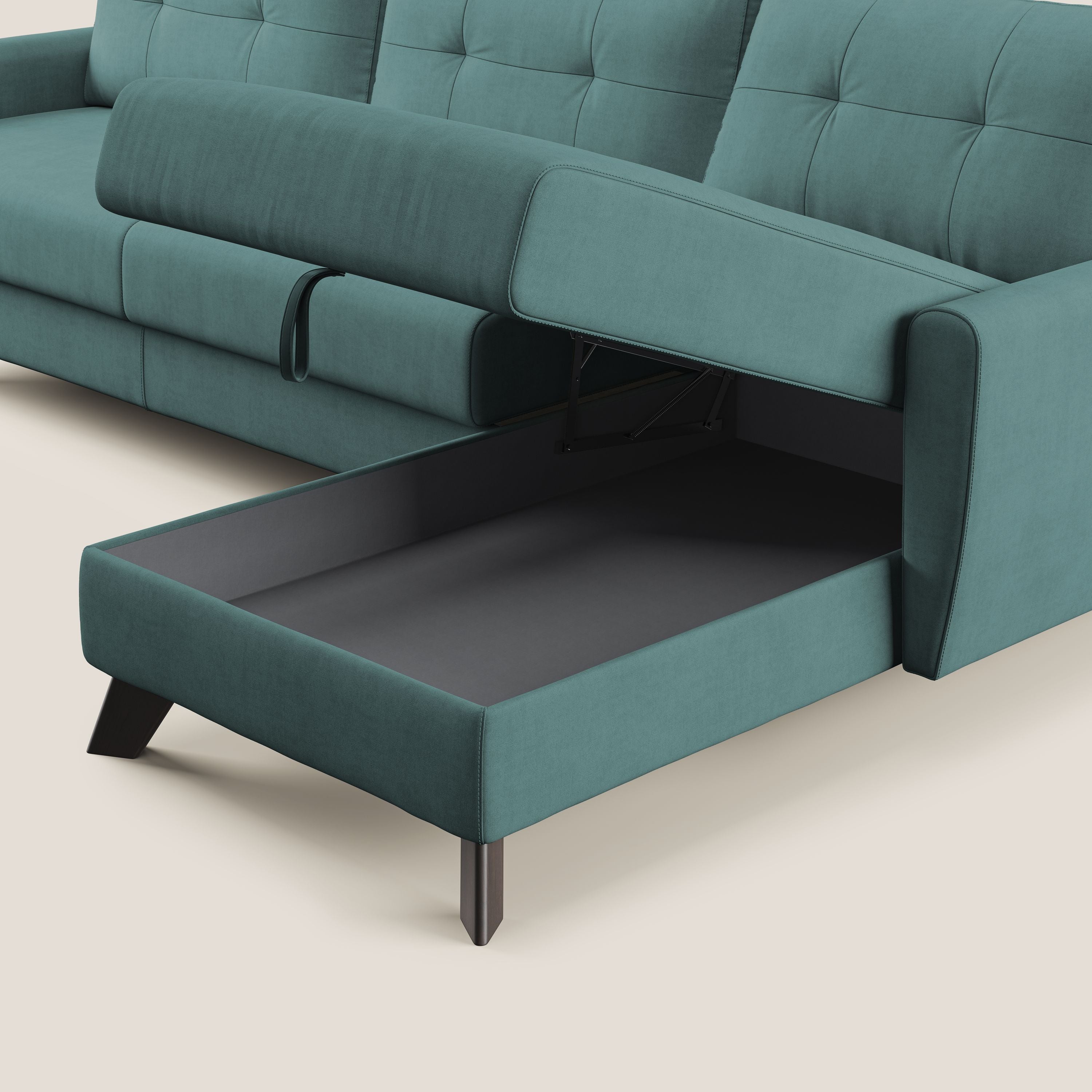 Callisto Divano letto angolare con penisola in tessuto morbido impermeabile T02 petrolio - divani.store