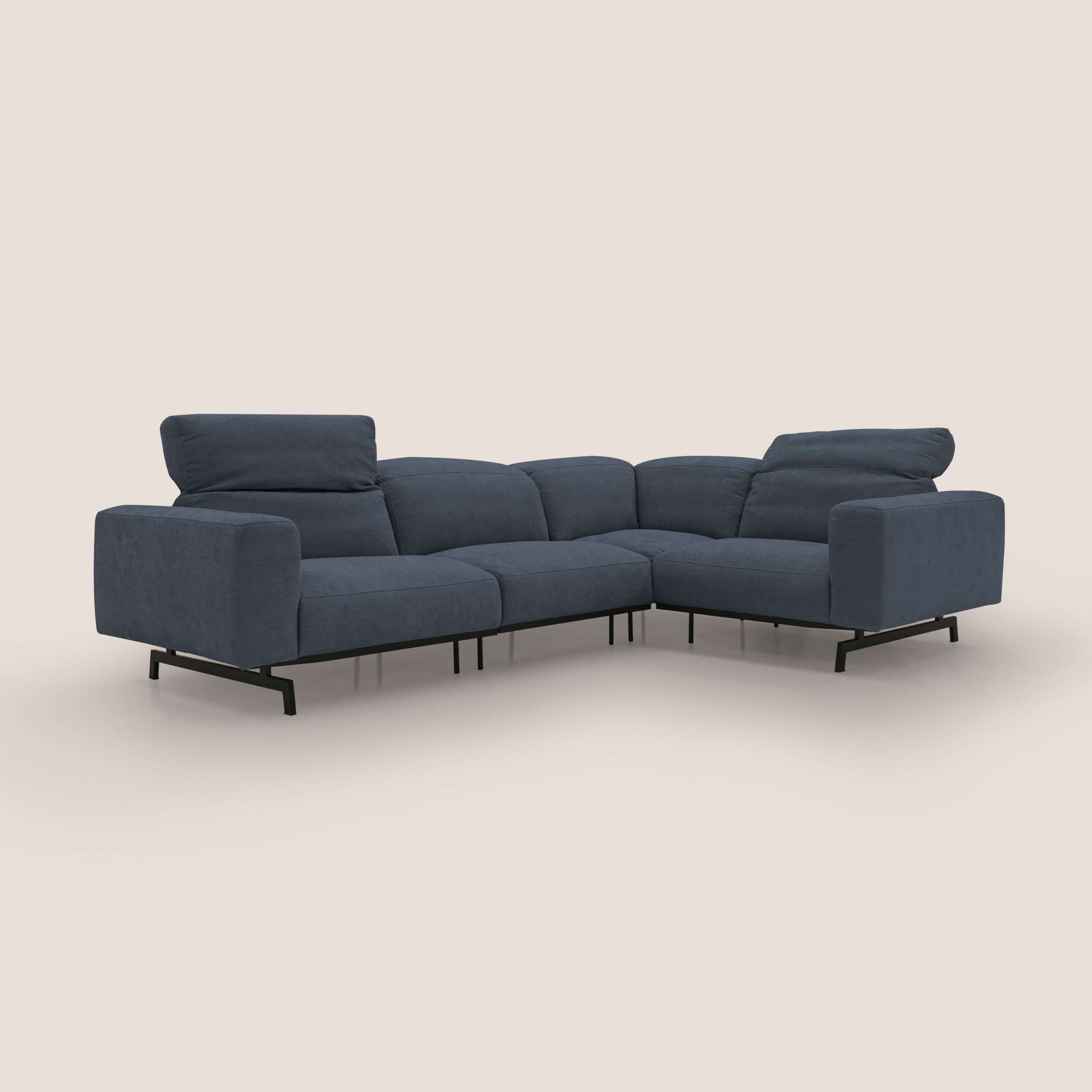 Sakura divano in piuma d'oca angolare REVERSIBILE in morbido tessuto fiammato impermeabile T14 blu - divani.store