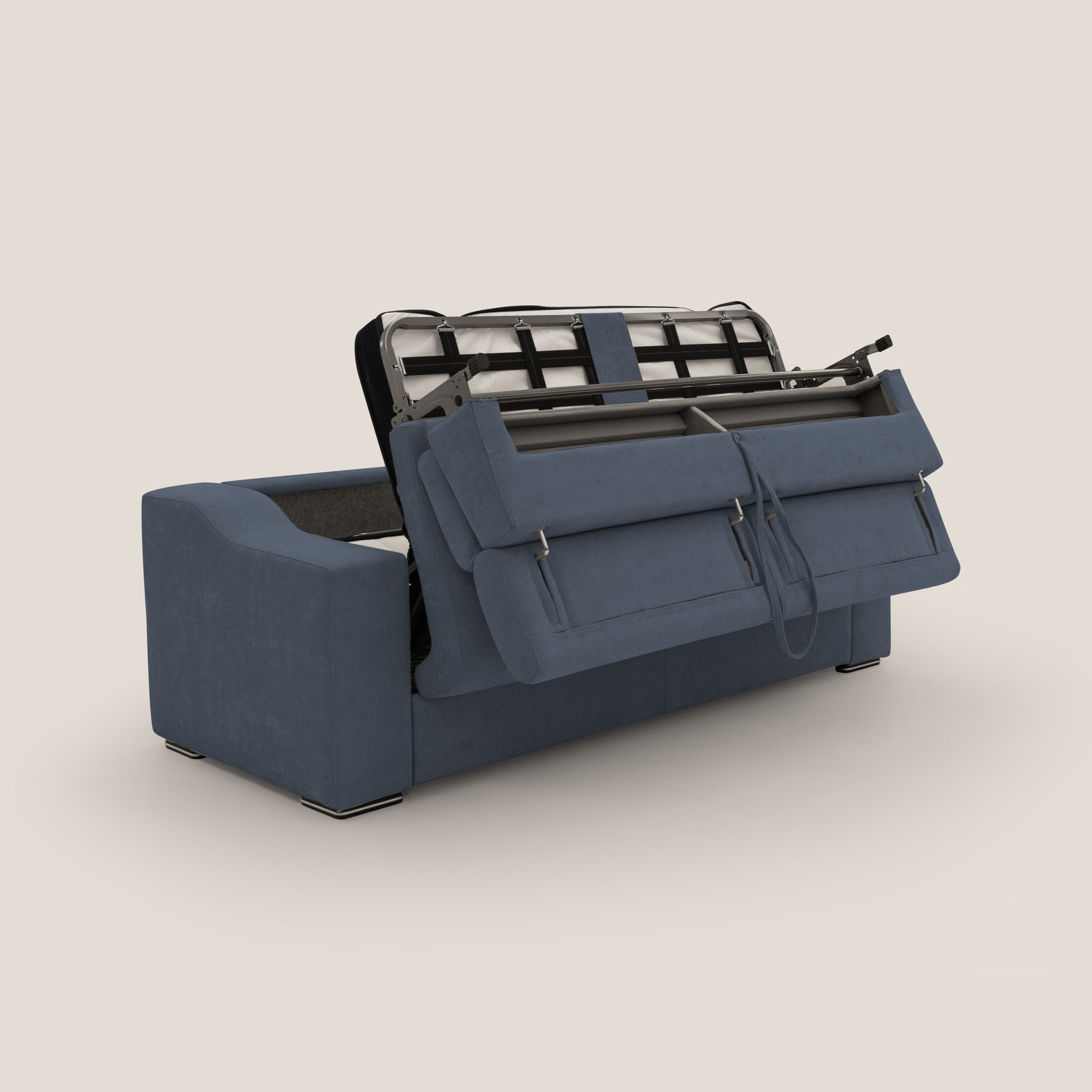 Bomber divano letto matrimoniale con poggiatesta in tessuto impermeabile T14 blu - divani.store