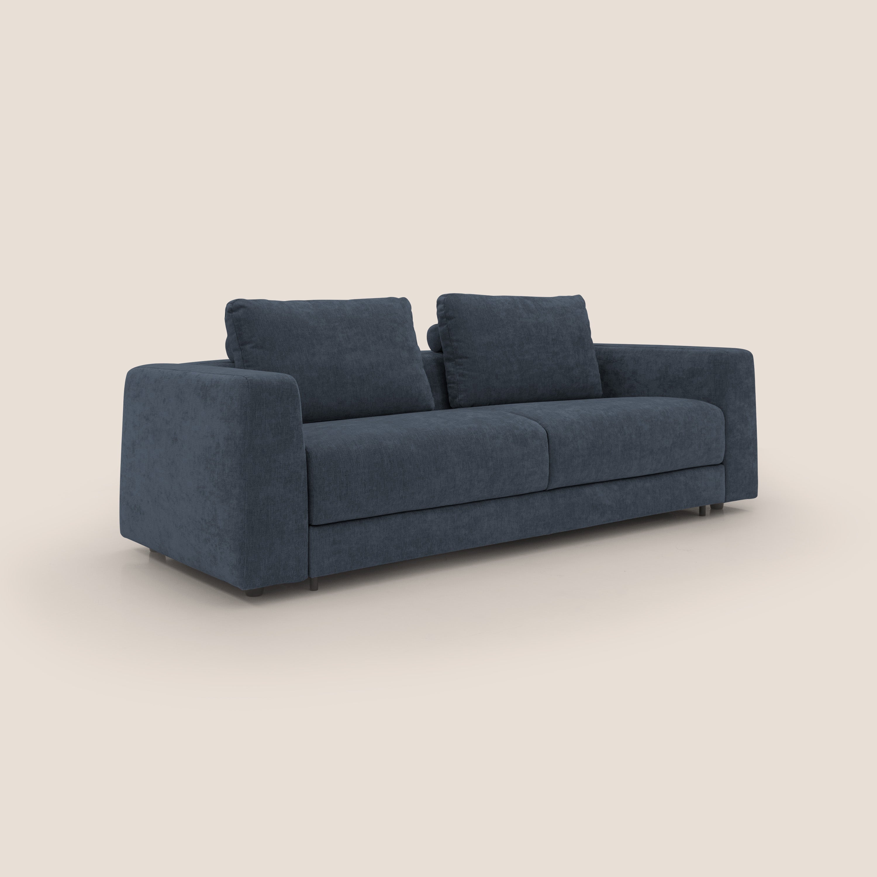 Freia Divano letto minimal materasso h15 cm con morbidi schienali in tessuto impermeabile T14 blu - divani.store