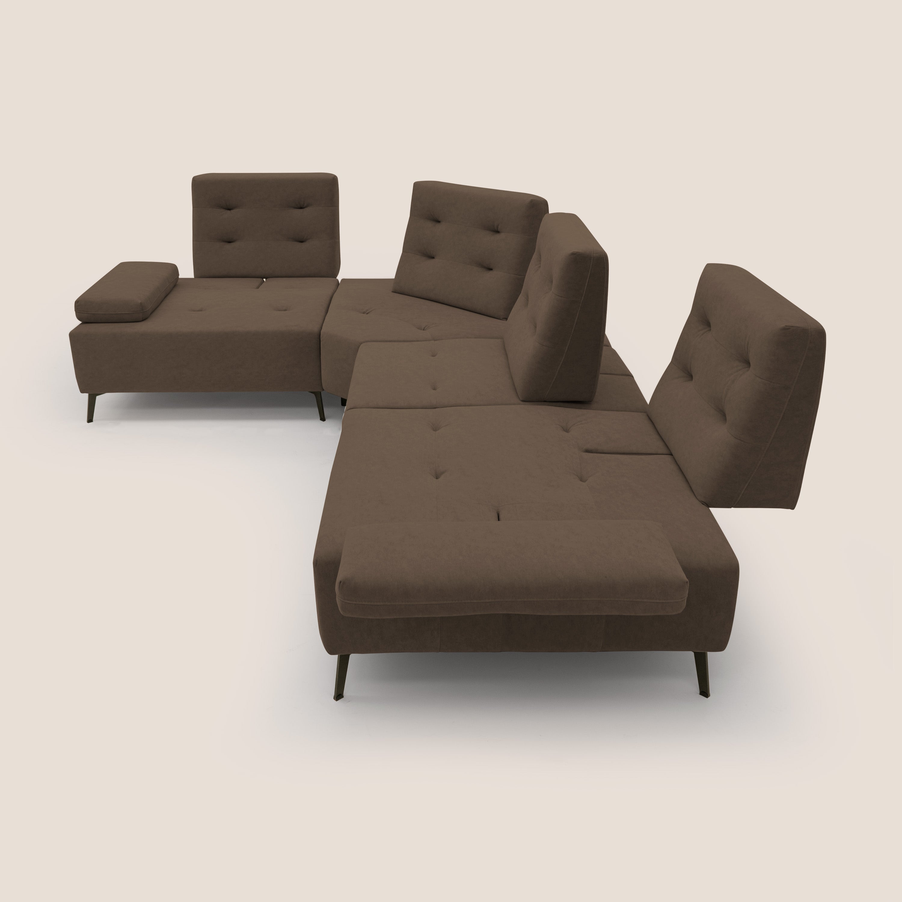 Lugano Divano angolare con schienali traslanti in microfibra effetto velluto T09 marrone - divani.store