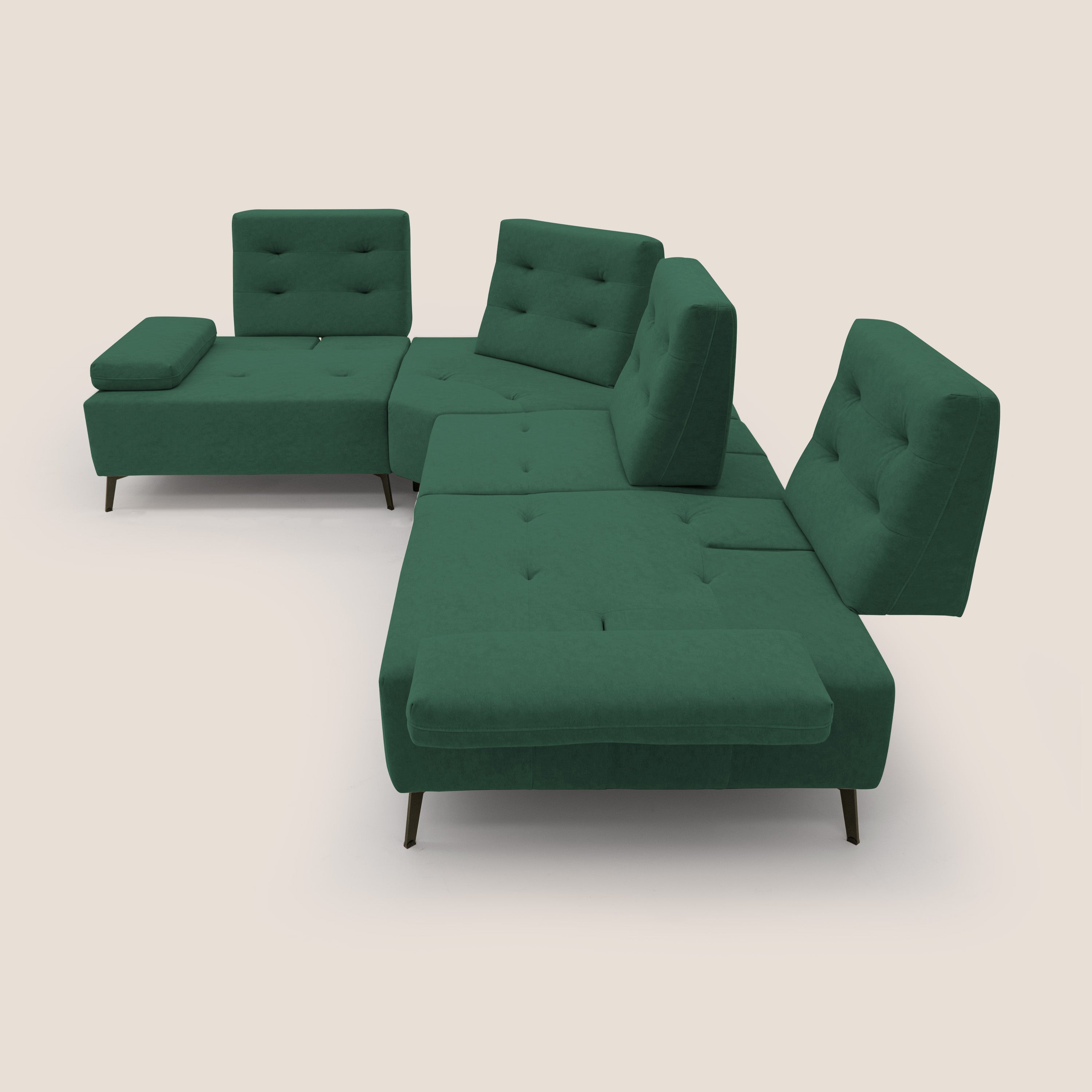 Lugano Divano angolare con schienali traslanti in microfibra effetto velluto T09 verde - divani.store
