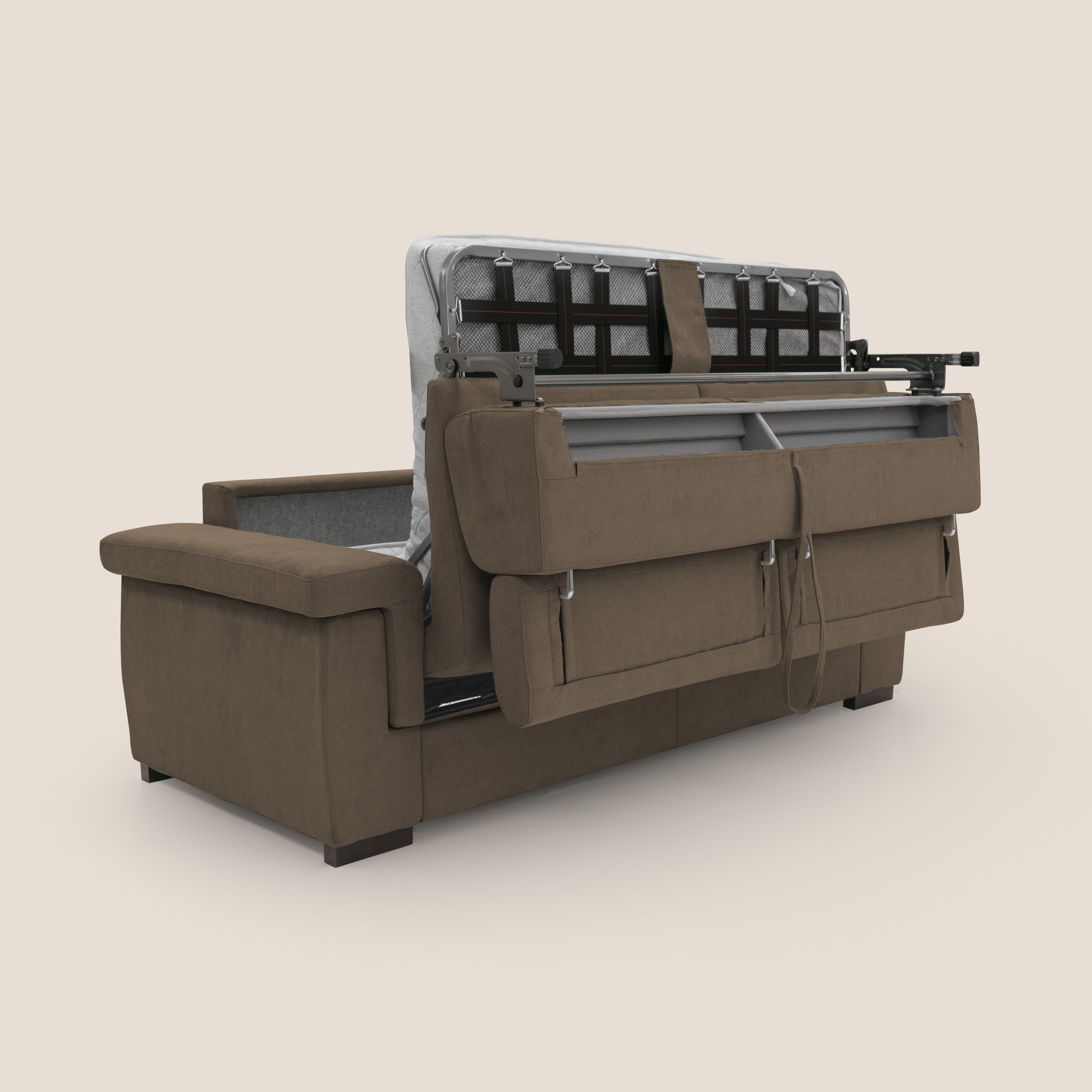 Bjorn divano letto sfoderabile con materasso H18 cm e poggiatesta reclinabili in tessuto impermeabile T02 marrone - divani.store