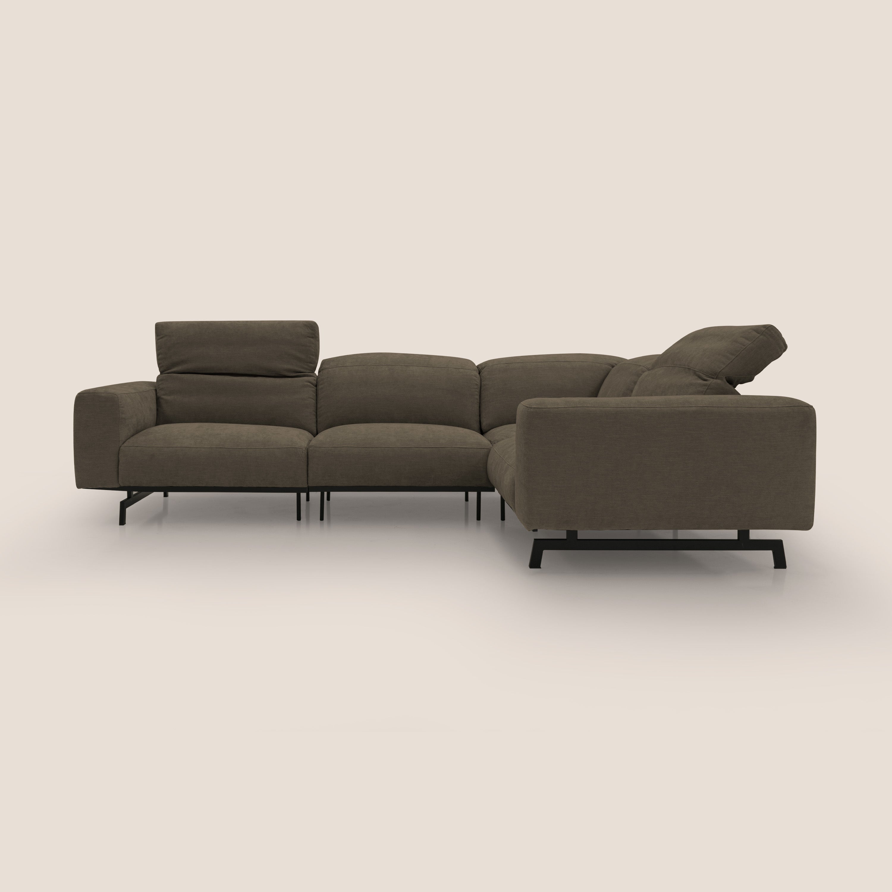 Sakura divano in piuma d'oca angolare REVERSIBILE in morbido tessuto fiammato impermeabile T14 marrone - divani.store