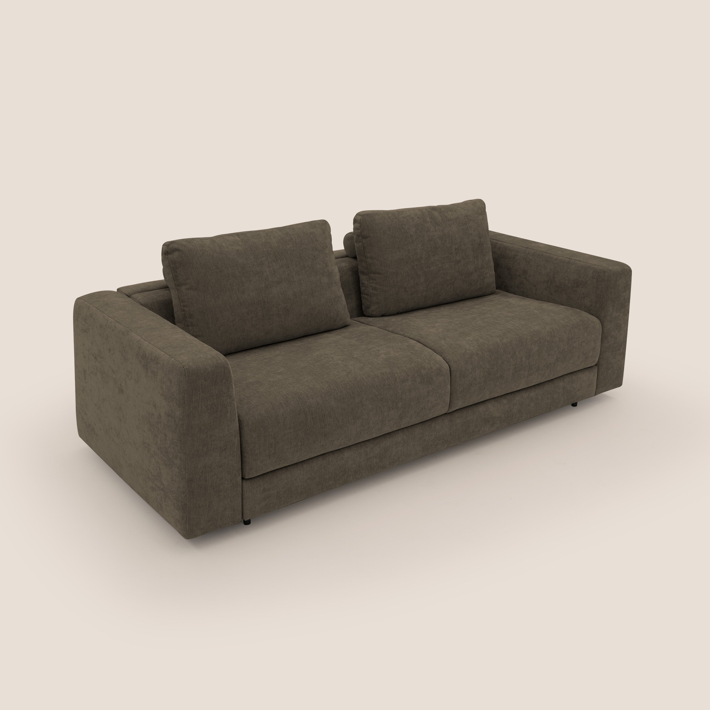 Freia Divano letto minimal materasso h15 cm con morbidi schienali in tessuto impermeabile T14 marrone - divani.store
