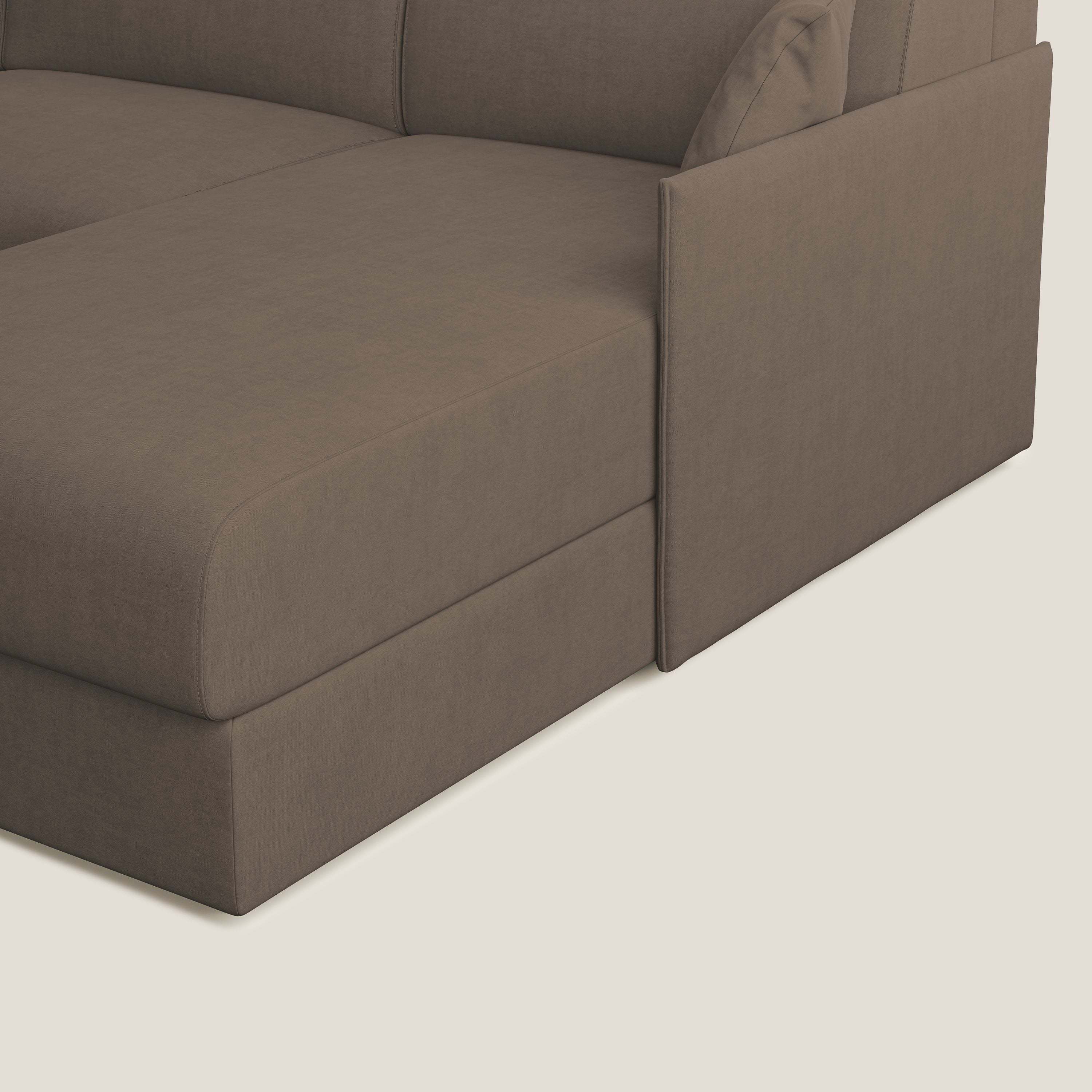 Evans Divano letto angolare con penisola in morbido tessuto impermeabile T02 marrone - divani.store