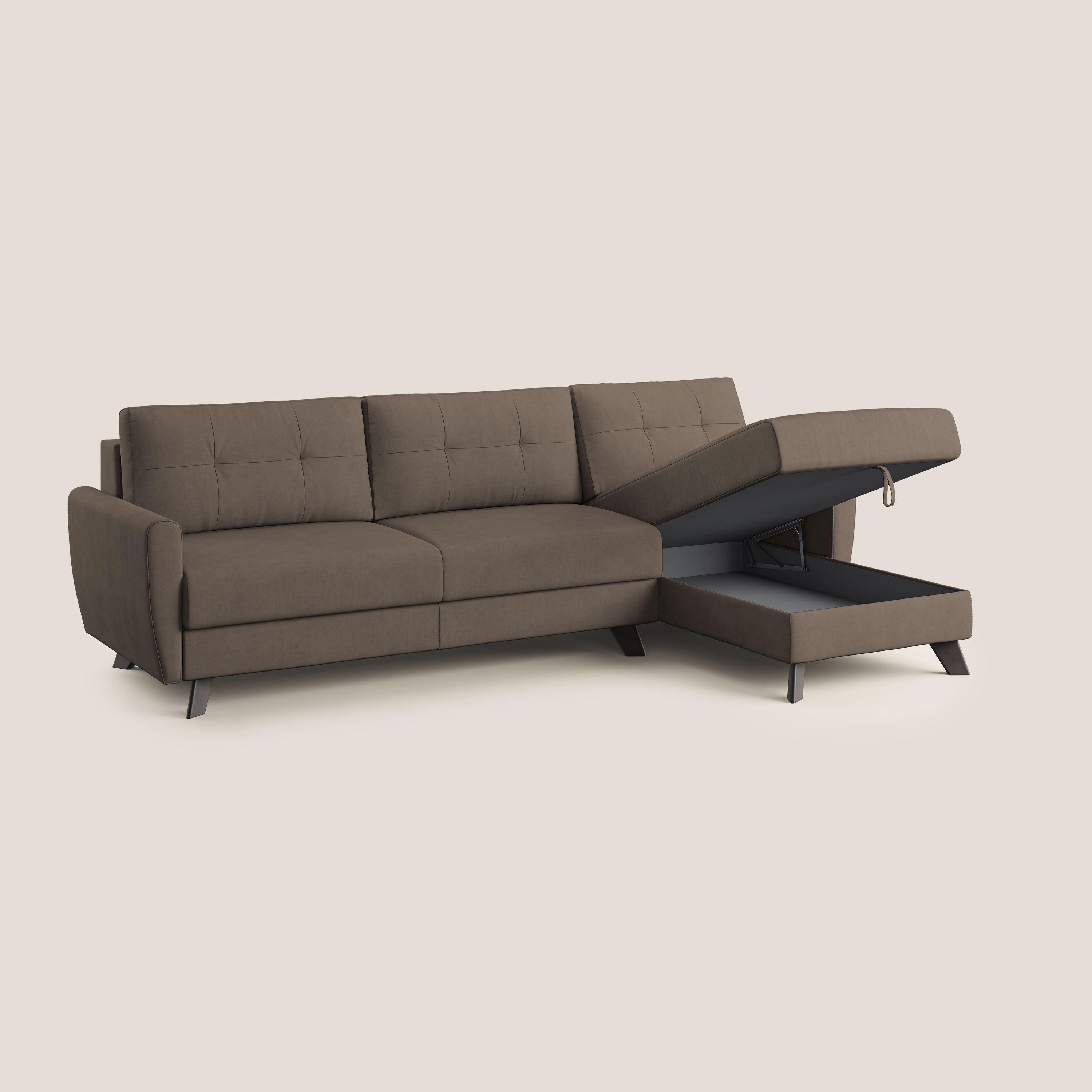 Callisto Divano letto angolare con penisola in tessuto morbido impermeabile T02 marrone - divani.store