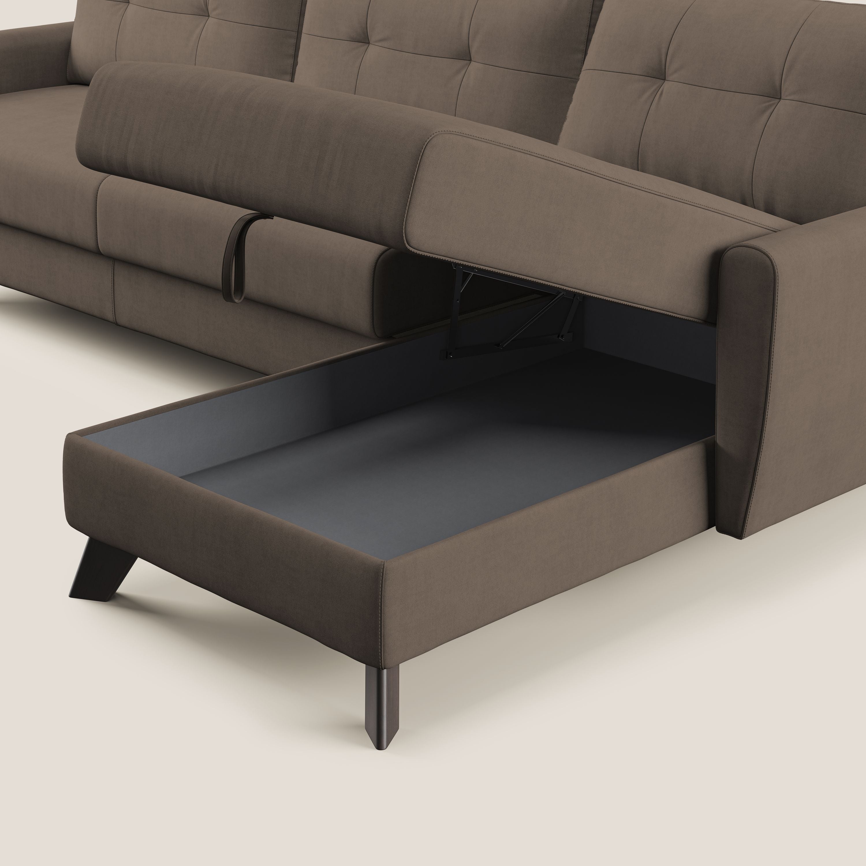Callisto Divano letto angolare con penisola in tessuto morbido impermeabile T02 marrone - divani.store