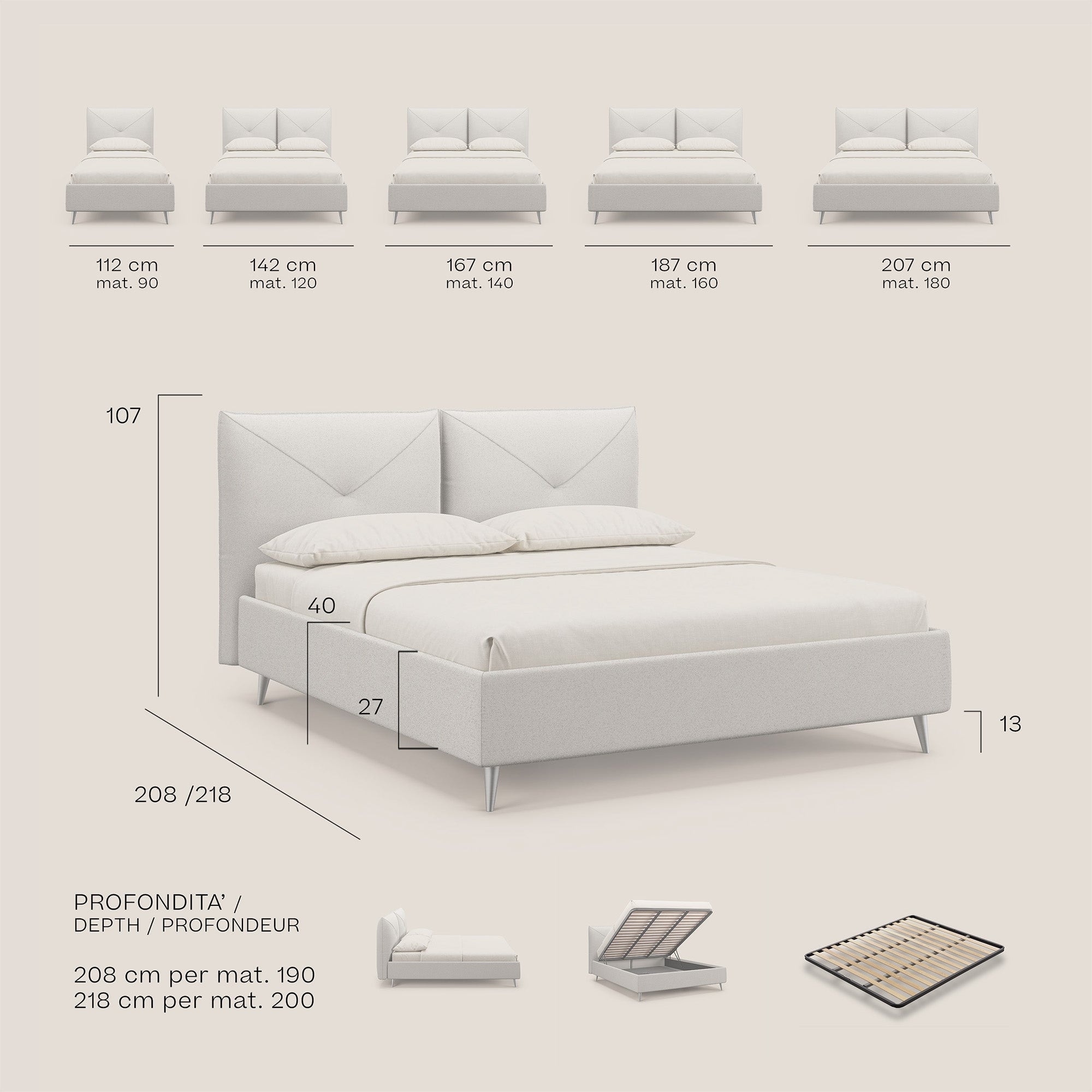 Adone letto imbottito contenitore a doppia pannellatura in bouclet impermeabile T07 carta da zucchero - divani.store