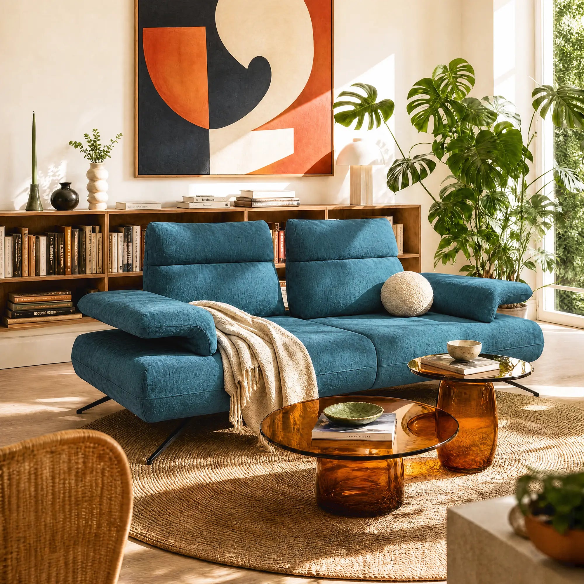 Un soggiorno moderno con Aeris Divano 2 Posti e 3 Posti di Divani.Store, tessuto blu, copriletto tan e cuscino rotondo, si affaccia su uno scaffale in legno per libri. Due tavolini in vetro ambrato poggiano su un tappeto beige tra grandi piante verdi e opere d'arte astratte.