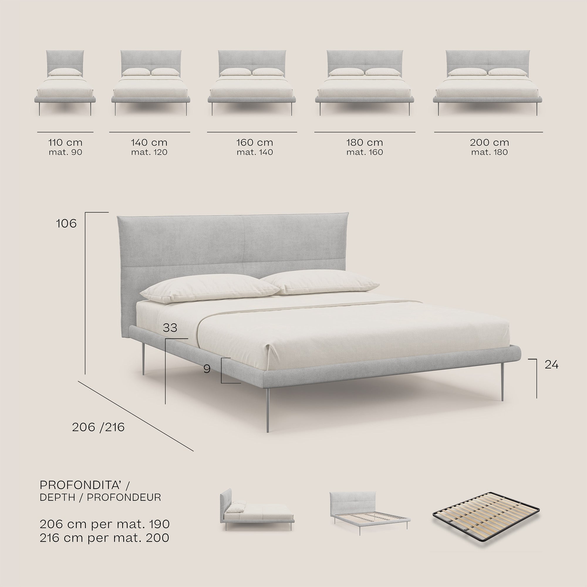 Akiko letto imbottito con piedi alti in metallo in tessuto impermeabile T02 marrone - divani.store