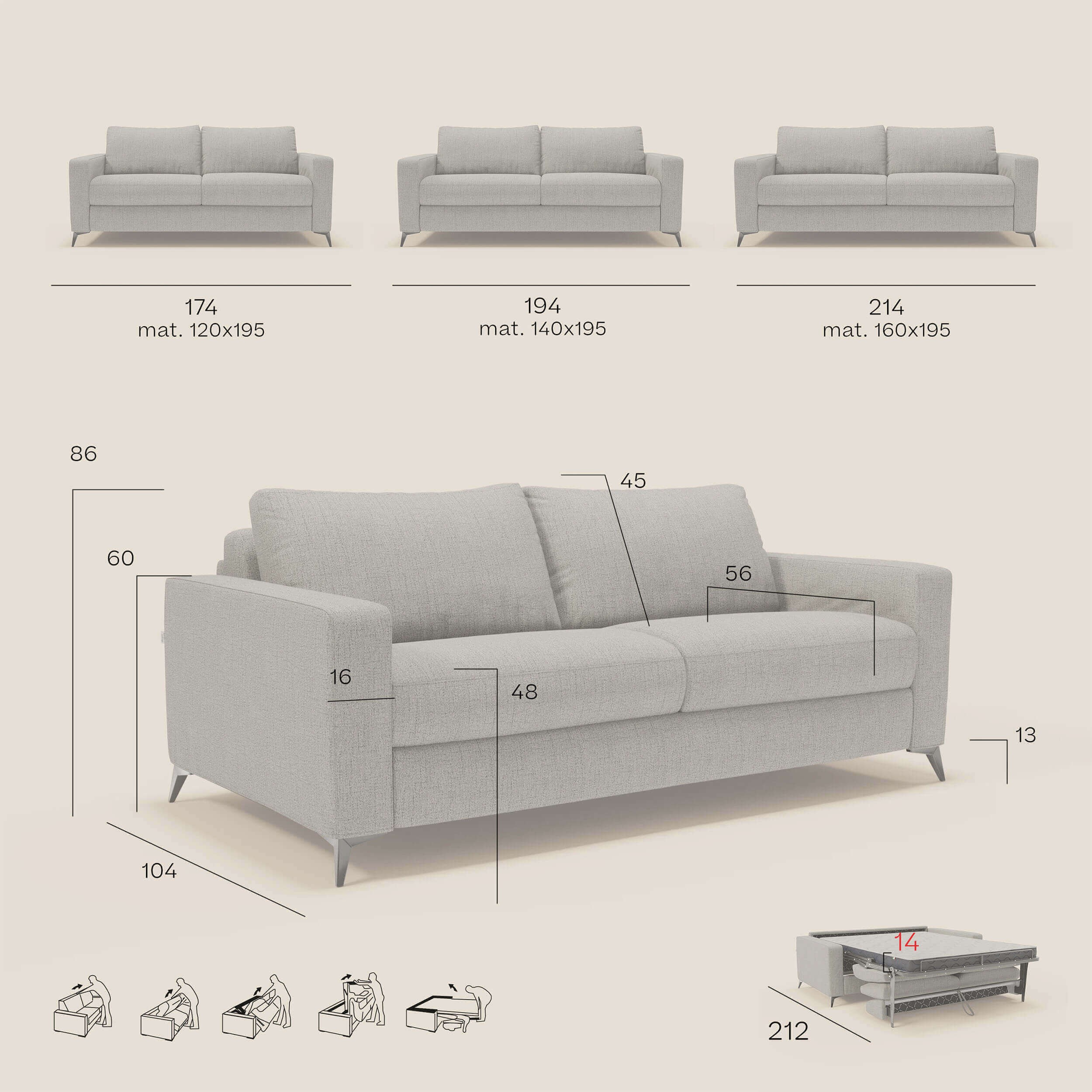 Il letto matrimoniale Alaya Divano di Divani.Store in tessuto impermeabile T03 giallo è caratterizzato da quattro misure con etichetta: Altezza 86 cm, profondità 104 cm, larghezza 194 cm, altezza seduta 46 cm, profondità 56 cm, altezza braccioli 60 cm. Il letto si estende fino a diventare estraibile per 212 cm.
