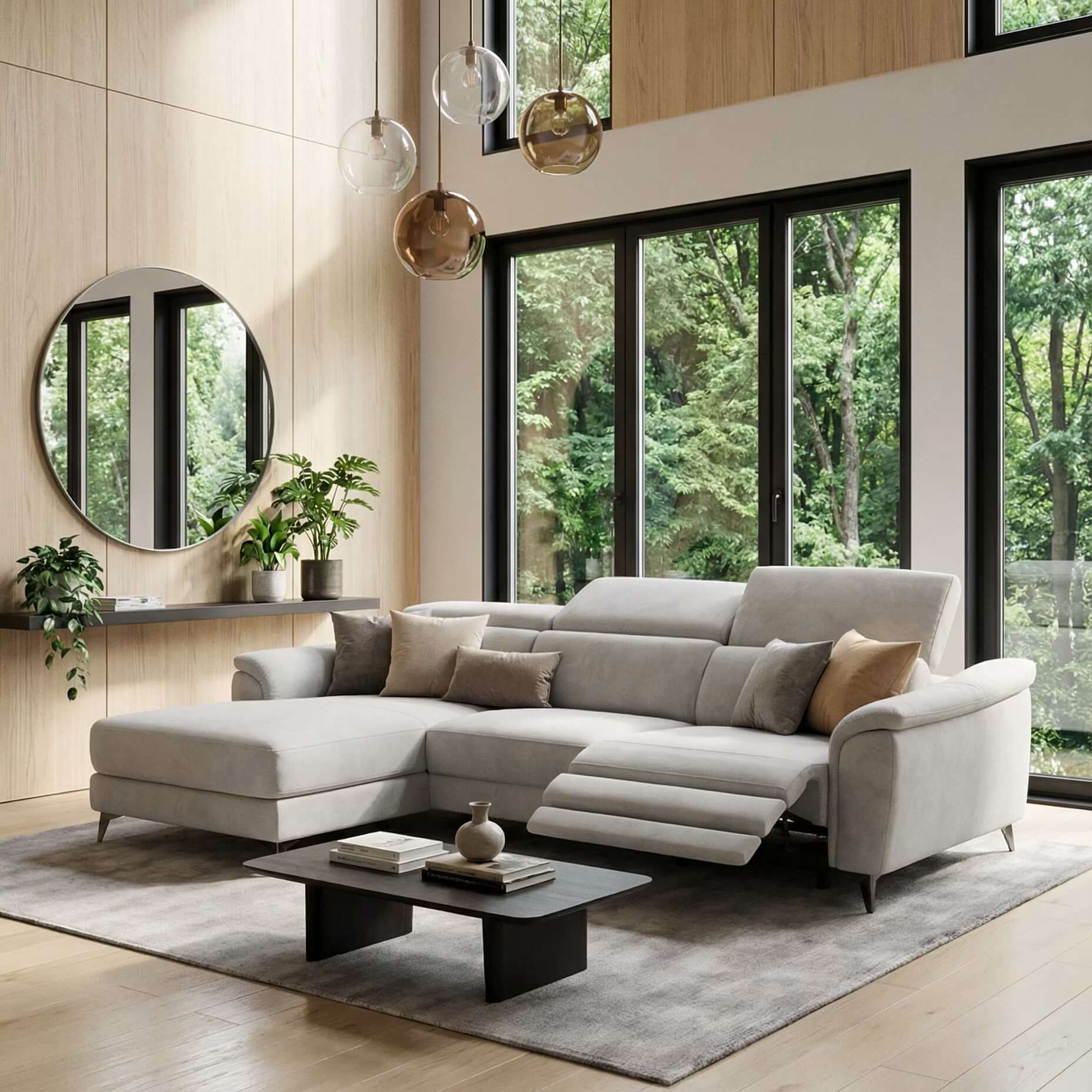 Un soggiorno moderno con grandi finestre, alberi verdi all'esterno, un Divani.Store Arcos Divano con penisola in microfibra T11 grigio chiaro, cuscini tan e beige, poggiatesta reclinabile, tappeto chiaro, tavolino scuro, console con piante e specchio rotondo su boiserie.