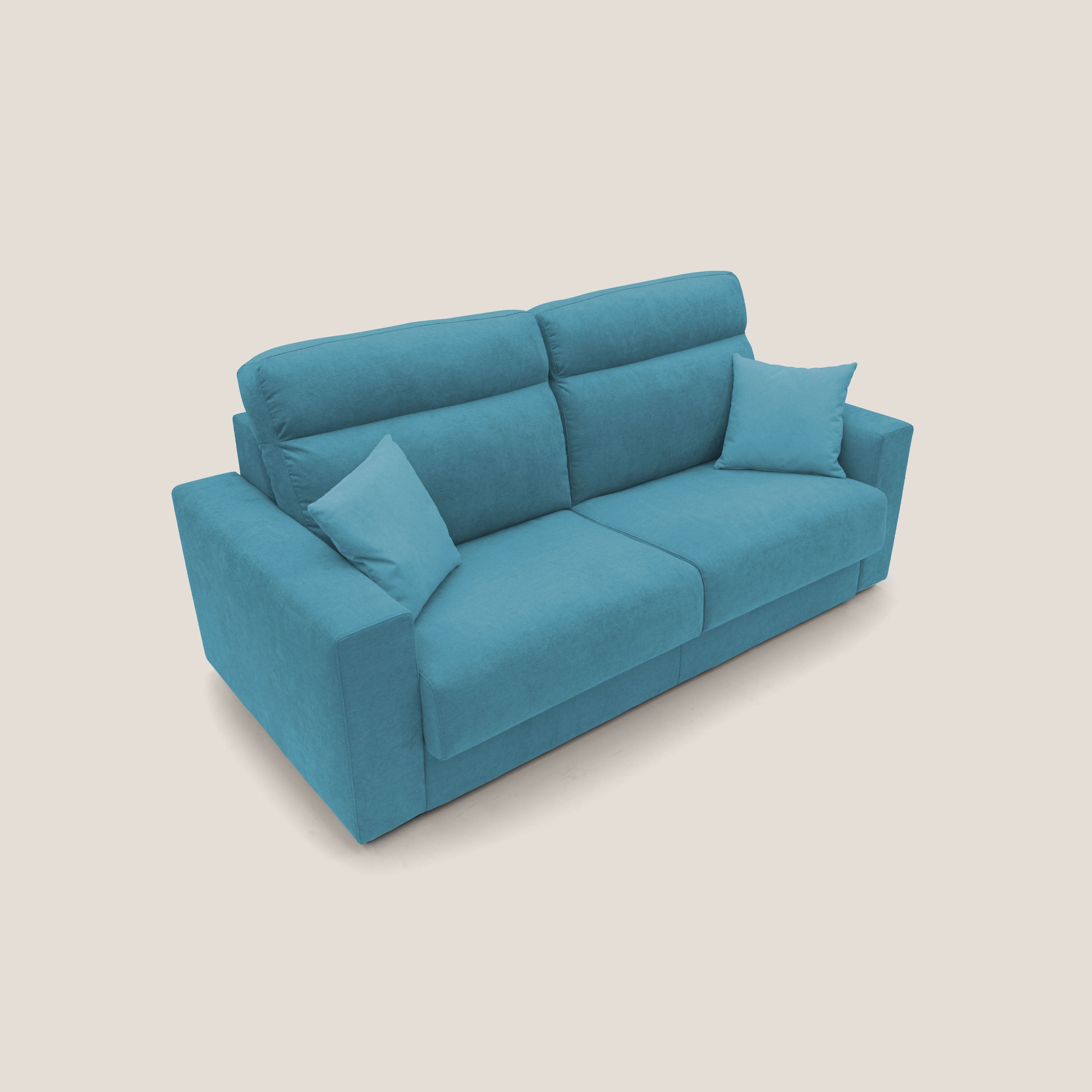 Nikita Divano letto matrimoniale con schienale morbido alto e rivestimento T02 azzurro - divani.store