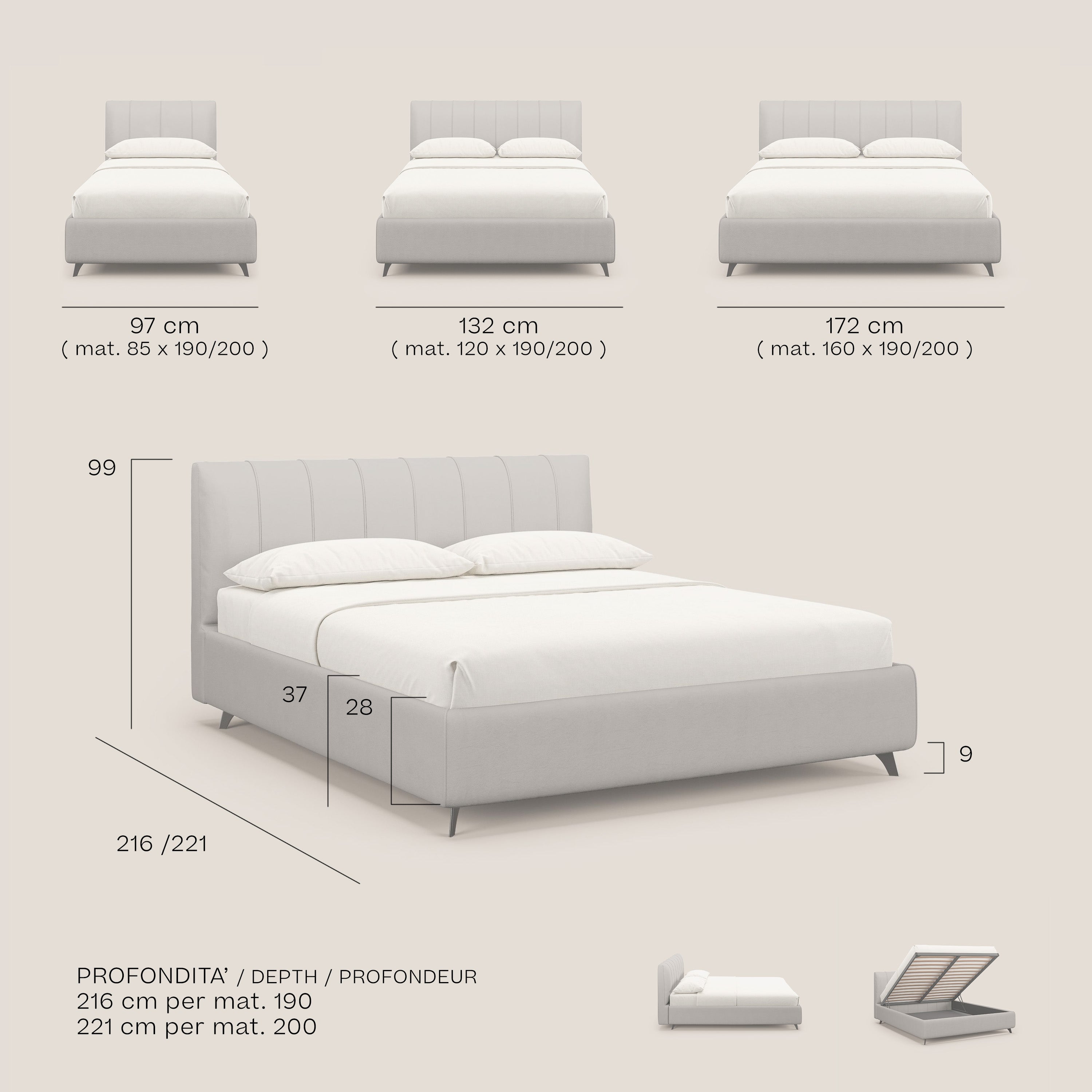 Bogart letto imbottito contenitore completamente sfoderabile in microfibra smacchiabile T11 grigio - divani.store
