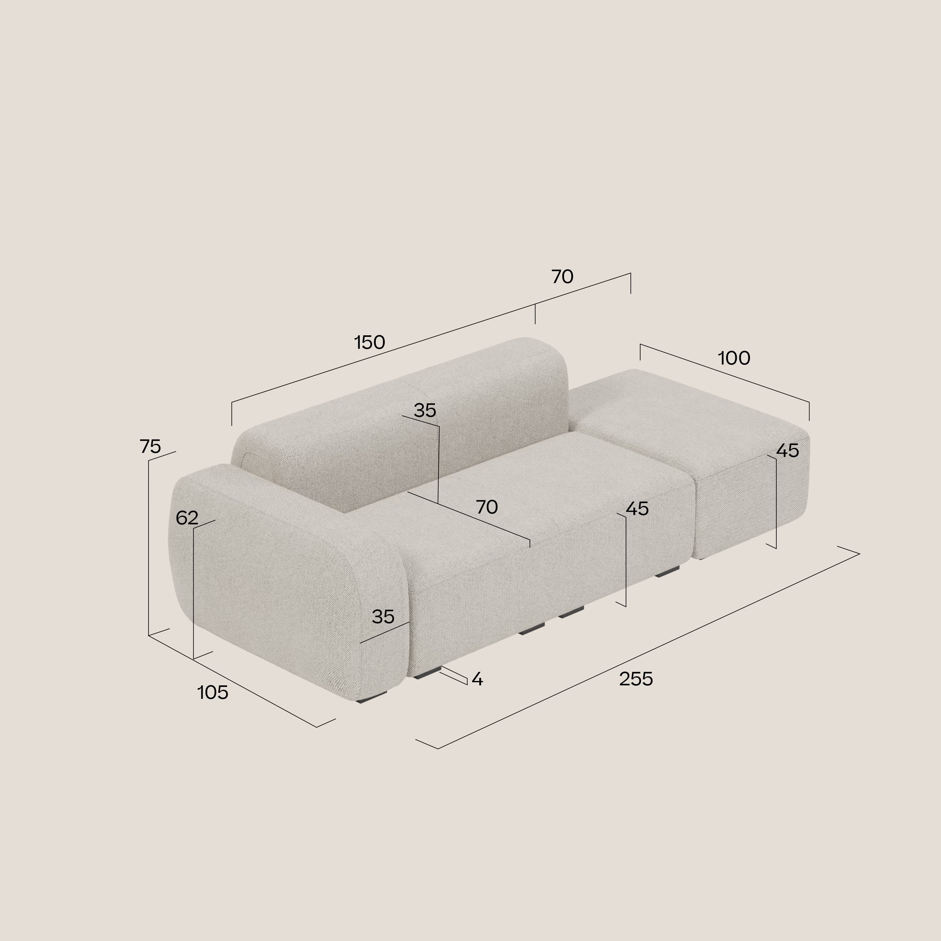 BonBon Modulares Sofa – Komposition mit Endhocker aus abwaschbarem Stoff T23 graubeige